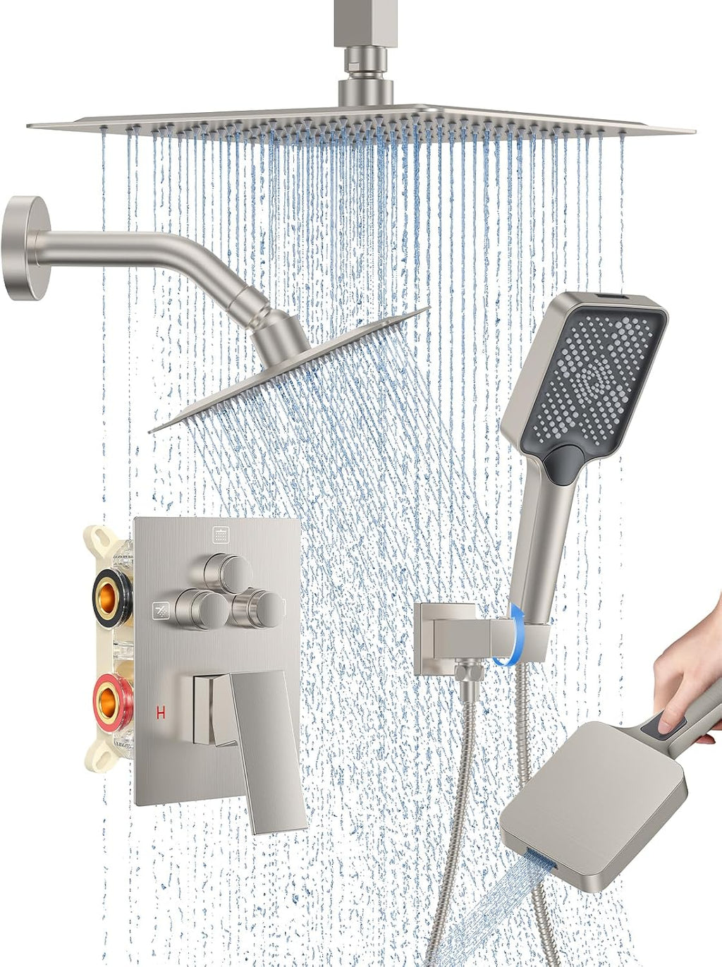 Woindo Shower Faucet Set, 10' Ceiling Mount Rainfall Shower System with 2 Rain Shower Head and Multi-function Handheld Head Push Button Diverter Shower Faucet Trim Kit