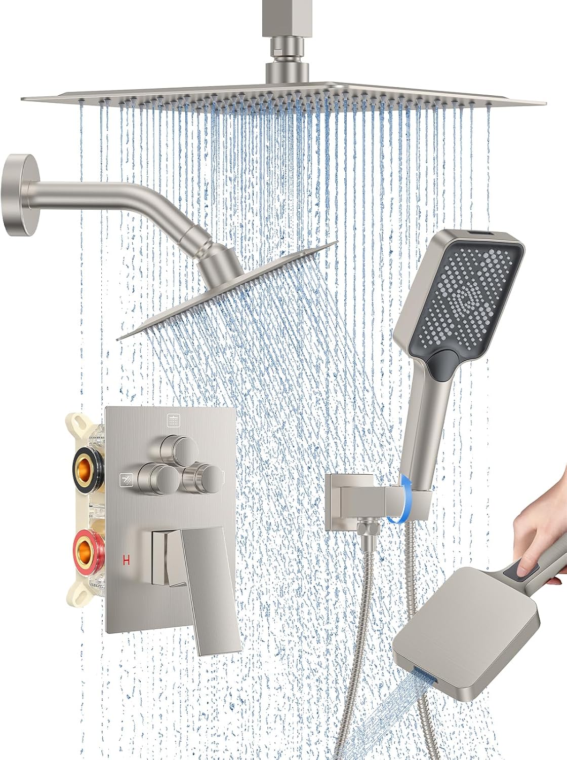 Woindo Shower Faucet Set, 10' Ceiling Mount Rainfall Shower System with 2 Rain Shower Head and Multi-function Handheld Head Push Button Diverter Shower Faucet Trim Kit