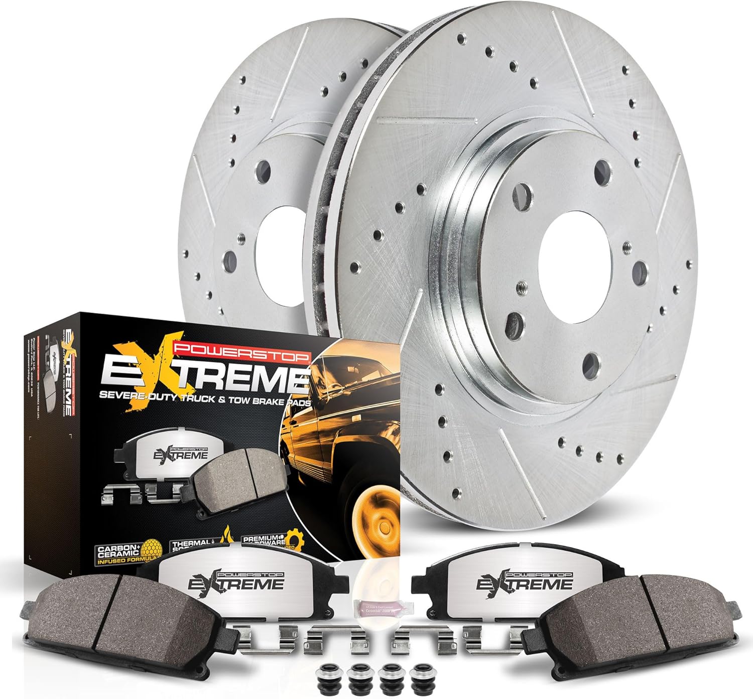 PowerStop Front Brake Kit For Jeep Cherokee 1999-01 | Jeep Wrangler 1999-06 - Truck & Tow Carbon Fiber Ceramic Brake Pads + Drilled & Slotted Rotors Upgrade, K2152-36