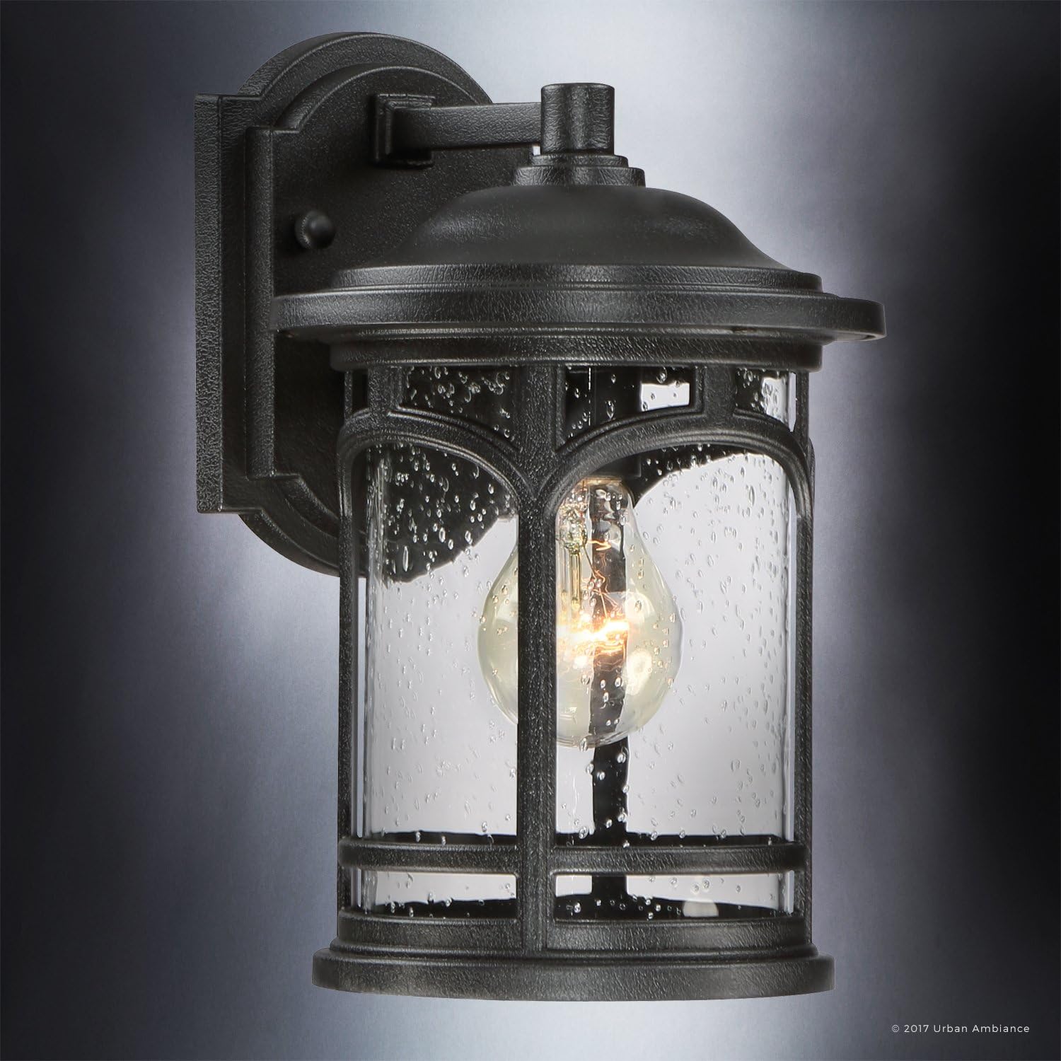 Urban Ambiance Luxury Rustic Outdoor Wall Light, Small Size: 11' H x 7' W, with Colonial Style Elements, Wrought Iron Design, High-End Black Silk Finish and Seeded Glass, UQL1100