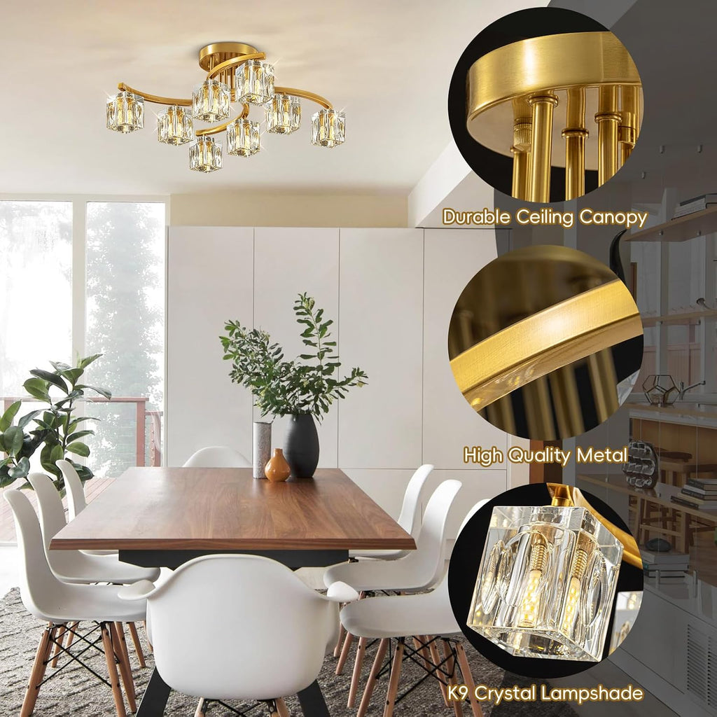 Gold Semi Flush Mount Ceiling Light Fixture, 8-Light Modern Chandelier with K9 Crystal for Living Room, Bedroom, Kitchen，Entryway Light