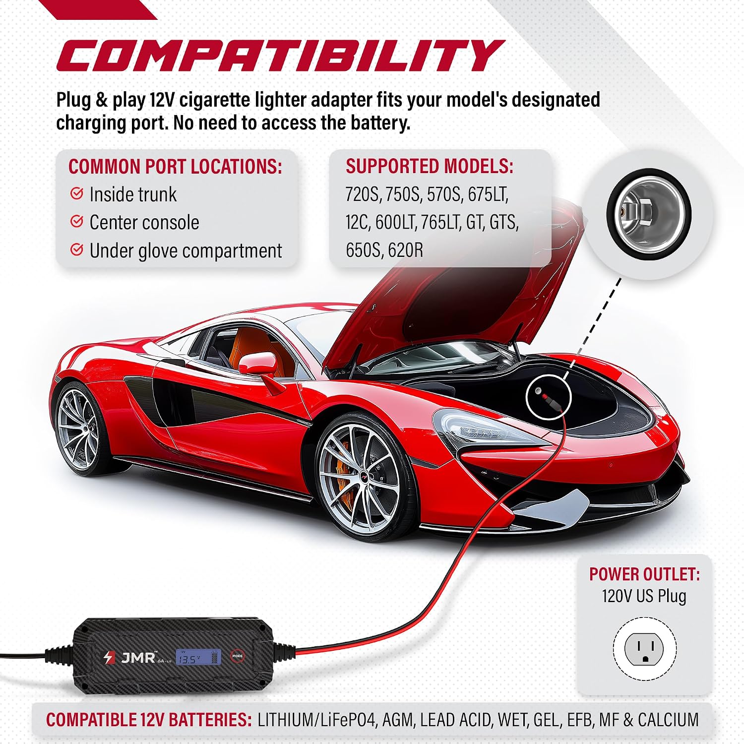 JMR Lithium Battery Charger for McLaren 720S 750S Artura 570S 675LT 12C 600LT 765LT GTS 650S 620R All Models Trickle Charger Conditioner Maintainer
