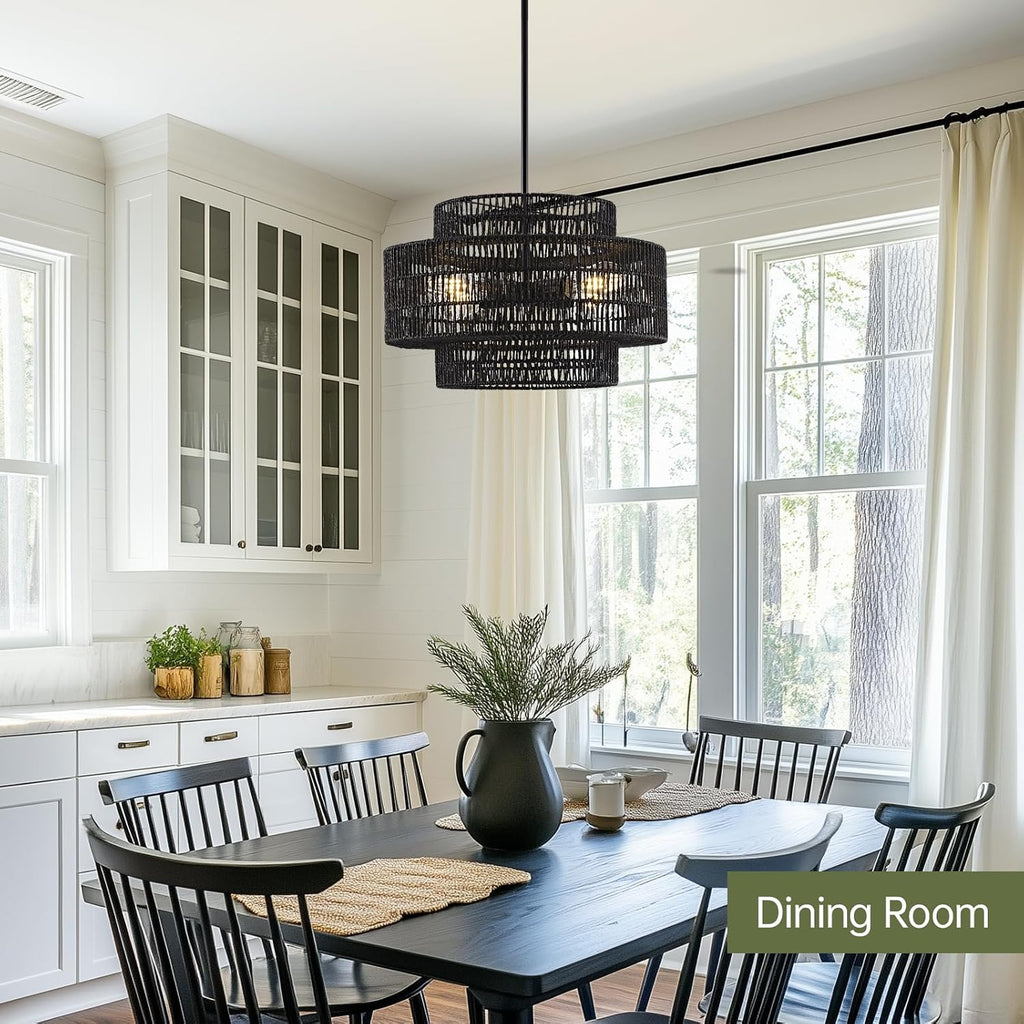 4-Light Black Boho Rattan Chandelier Light Fixture, 17.7' Hand Woven Rustic Chandeliers Farmhouse Chandelier Hanging Light for Dining Room Kitchen Island, Living Room, Foyer