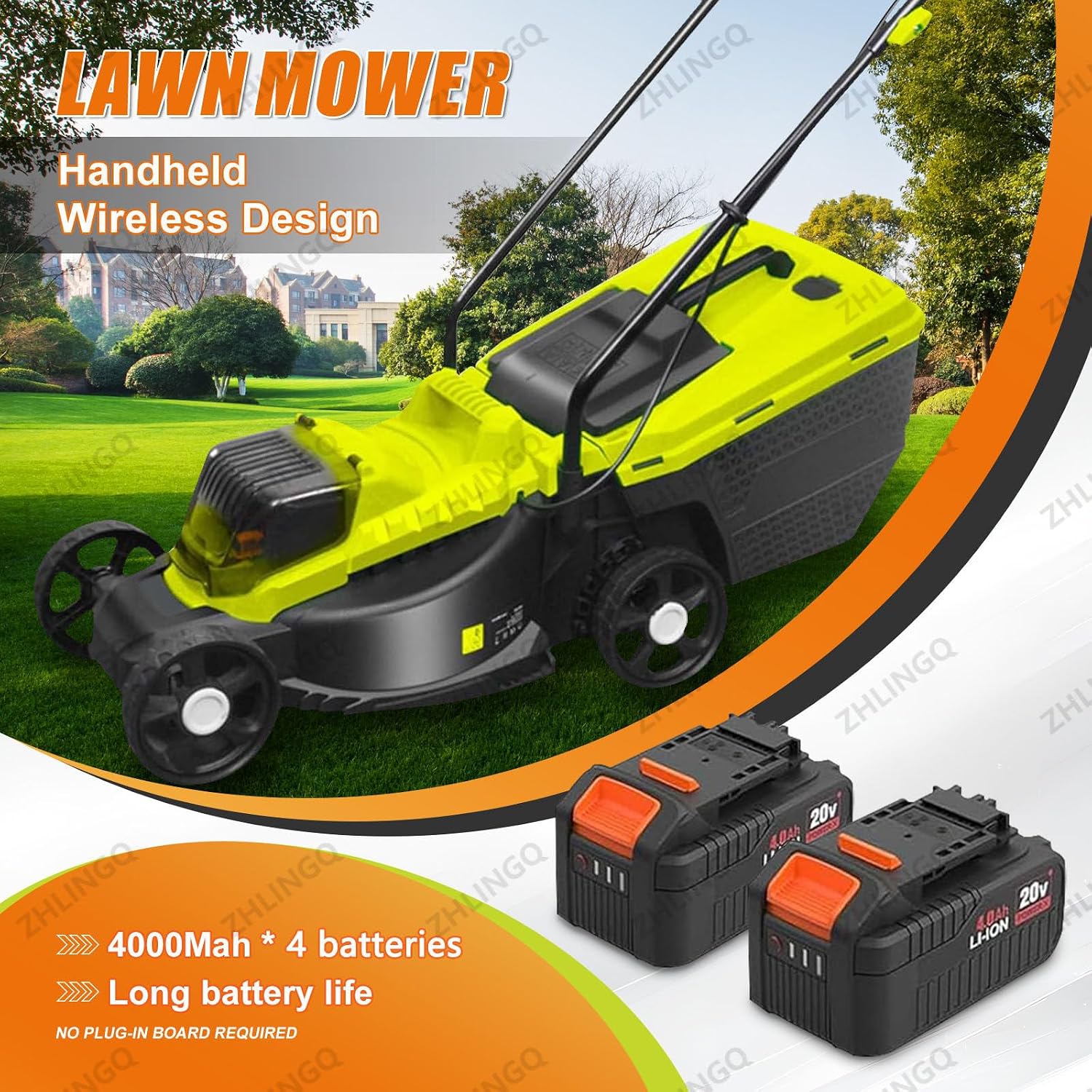 Walk-Behind Lawn Mower, 40V Electric Cordless Push Lawnmower, with 40L Large Grass Box, 3 Gear Adjustable Cutting Heights 30/50/70 Mm, 3400 RMP High Speed, for Lawn Mowing Park Landscaping,Battery*4