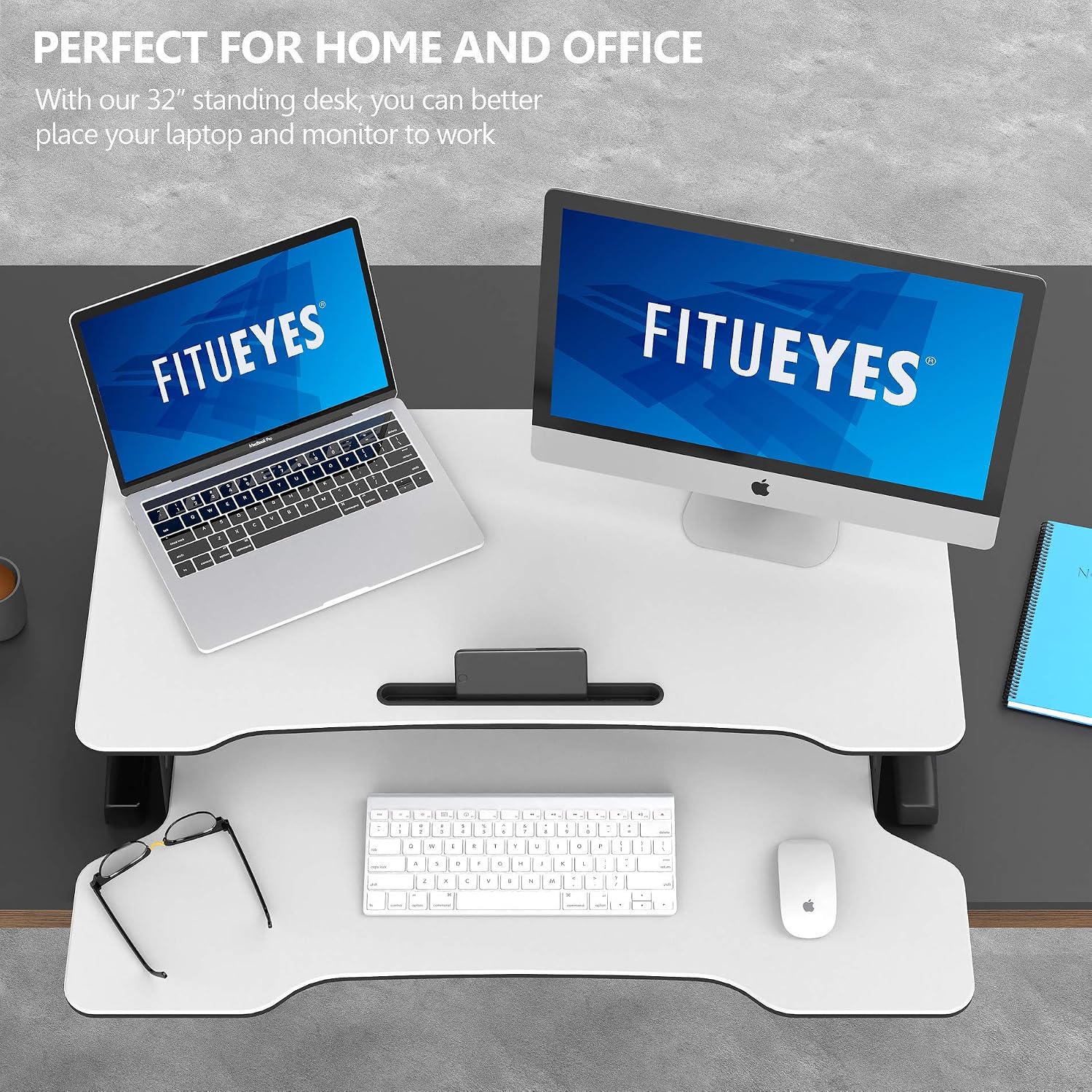 FITUEYES Height Adjustable Standing Desk 32' Wide Sit to Stand Converter Stand Up Desk Tabletop Workstation for Laptops Dual Monitor Riser White SD308003WW