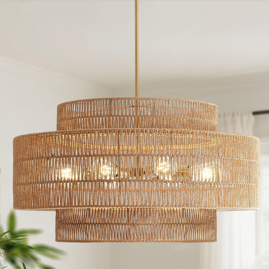 30' Boho Rattan Chandelier Light Fixture, 8-Light Large Hand Woven Pendant Light Fixture Farmhouse Rustic Chandeliers for Dining Room, Kitchen, Bedroom, Living Room, Hallway, Foyer