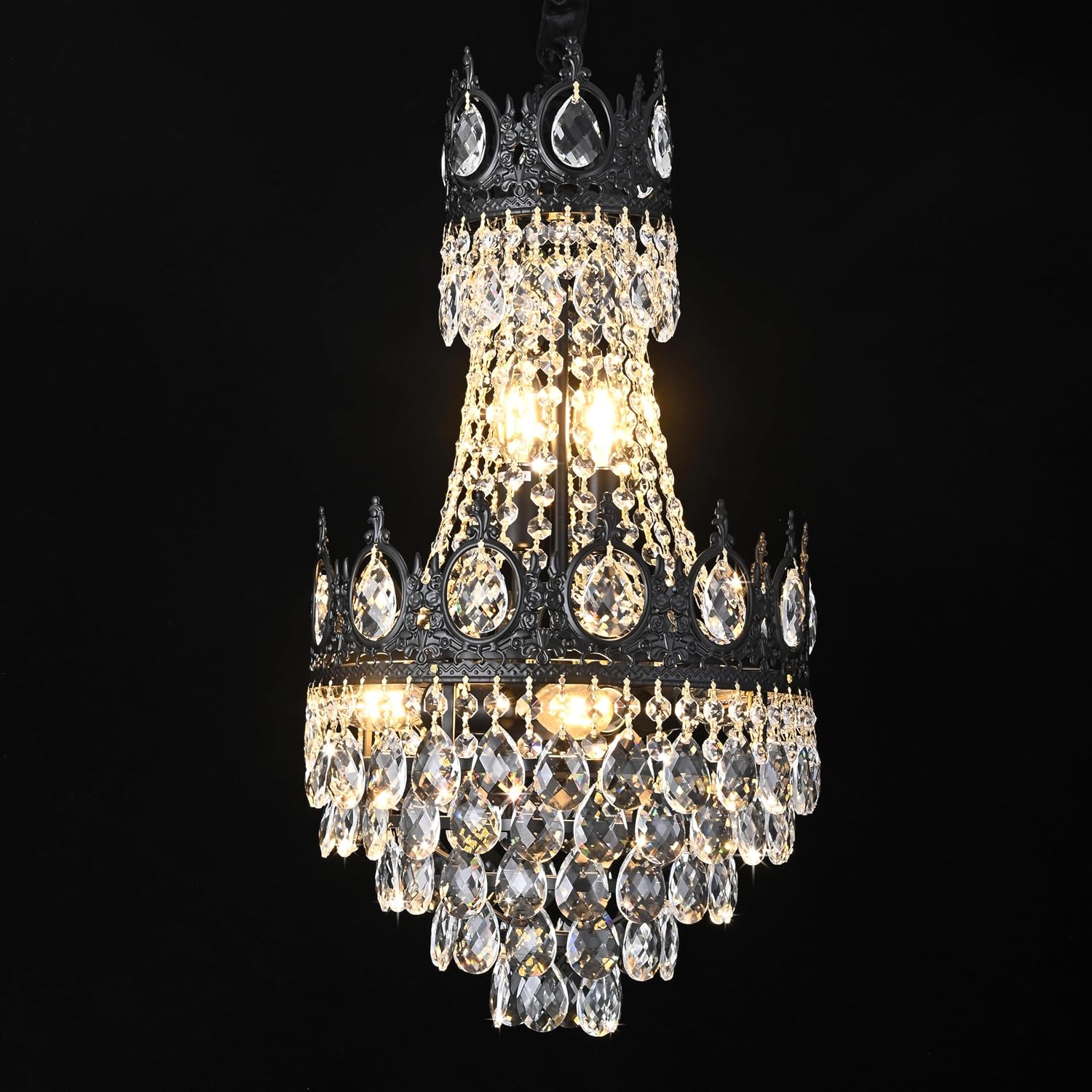 KoKo&Yukina Chandelier, 12'' Black French Empire Light Fixture, 6-Light K9 Crystal, Adjustable Hanging, for Hallway Entryway Kitchen Foyer