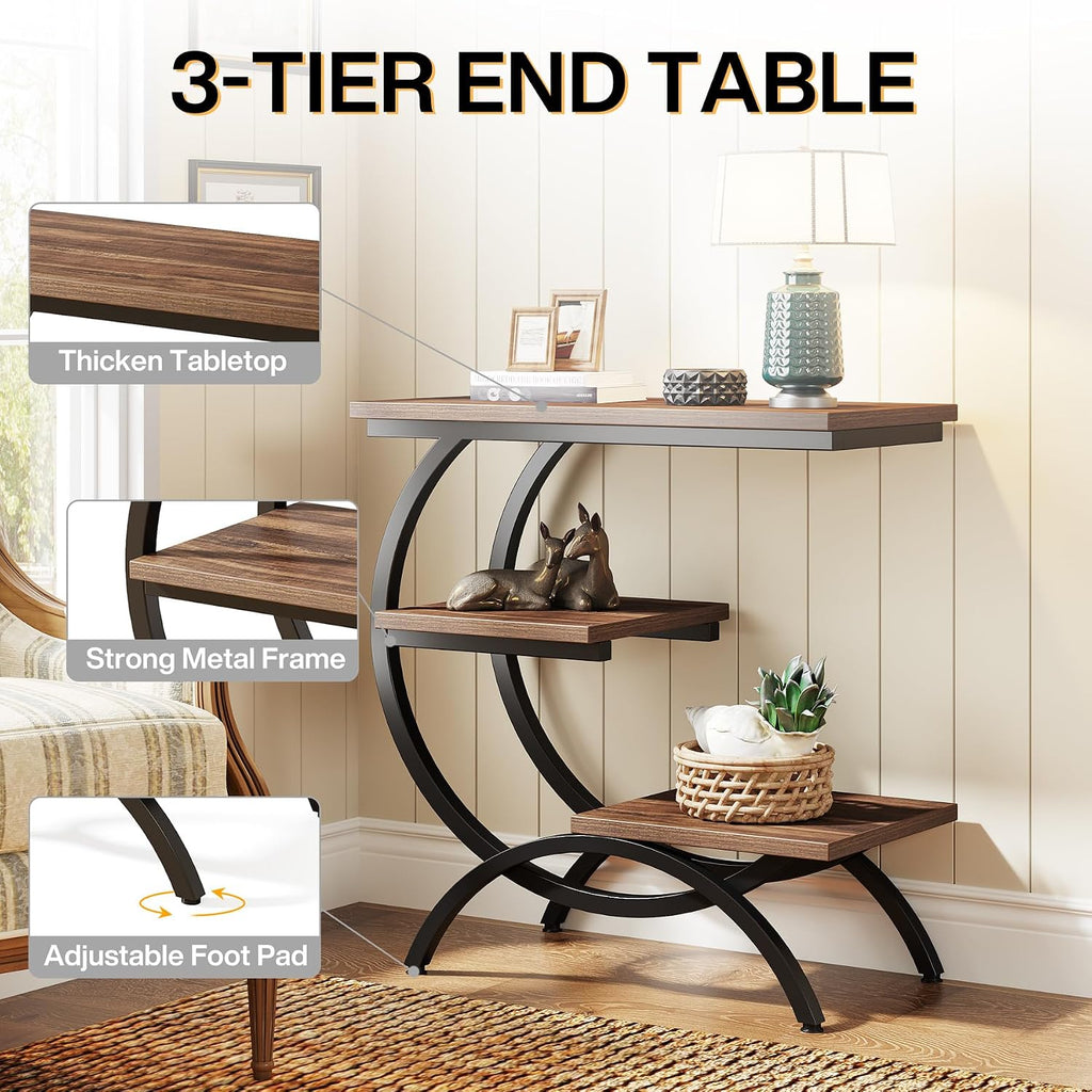 Tribesigns C-Shaped End Table Set of 2, Industrial 3-Tier Small Side Table for Couch, Wood Bedside Table Snack Side Table with Storage Shelves for Living Room Small Space, Rustic Brown