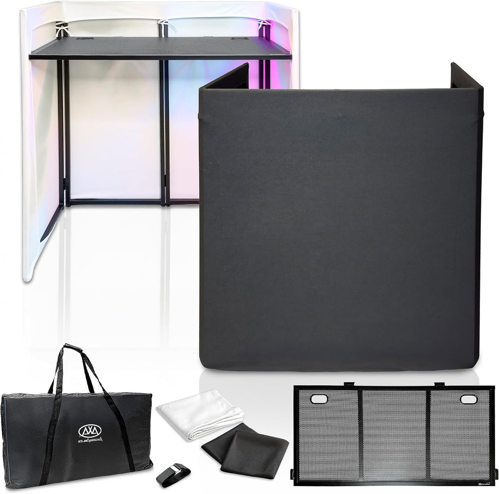 AxcessAbles Portable DJ Facade Booth with Carry Case – 40' x 20' Tabletop, Steel Frame, and Black & White Scrims | White DJ Table | Event Booth (ES-01XBW)