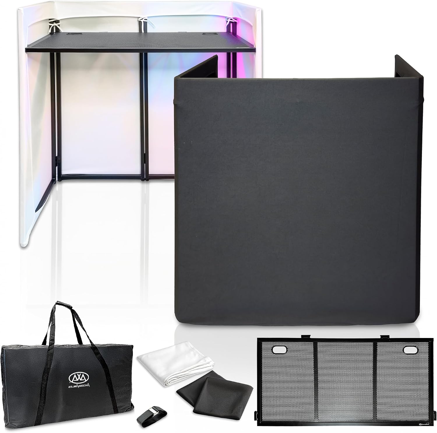 AxcessAbles Portable DJ Facade Booth with Carry Case – 40' x 20' Tabletop, Steel Frame, and Black & White Scrims | White DJ Table | Event Booth (ES-01XBW)