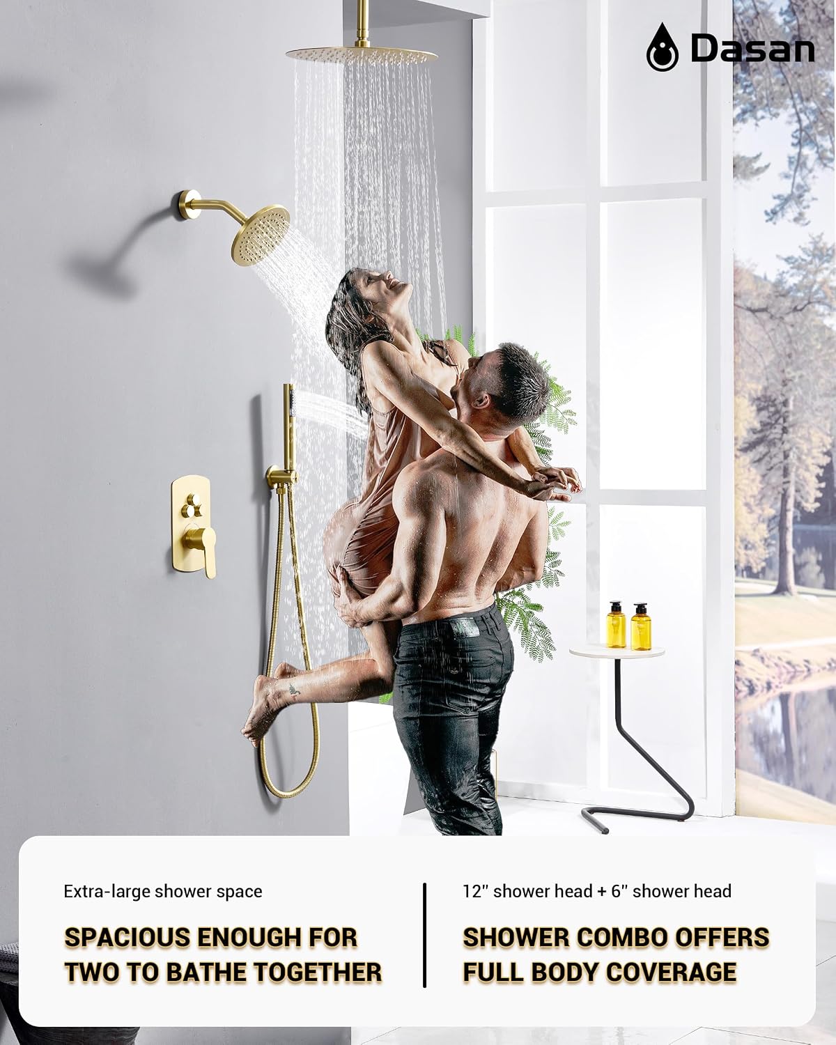 Dasan Rainfall Full Body Shower Faucet System with 12'' Round Shower & 6'' Round Shower,Brushed Gold Dual Shower Head Faucets Set with Handheld & Valve, Double Shower Head System for Couples/ 2-Person