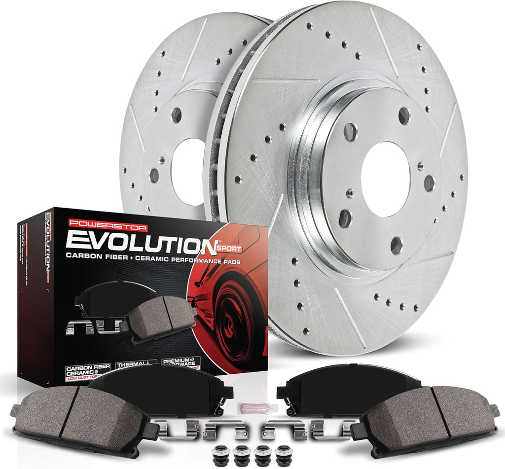 PowerStop Front Brake Kit for Acura MDX 2017-20 |Honda Pilot 2016-22 |Ridgeline 2017-25 - Drilled and Slotted Disc Rotors with Carbon-Fiber Ceramic Brake Pads Replacement, K7352