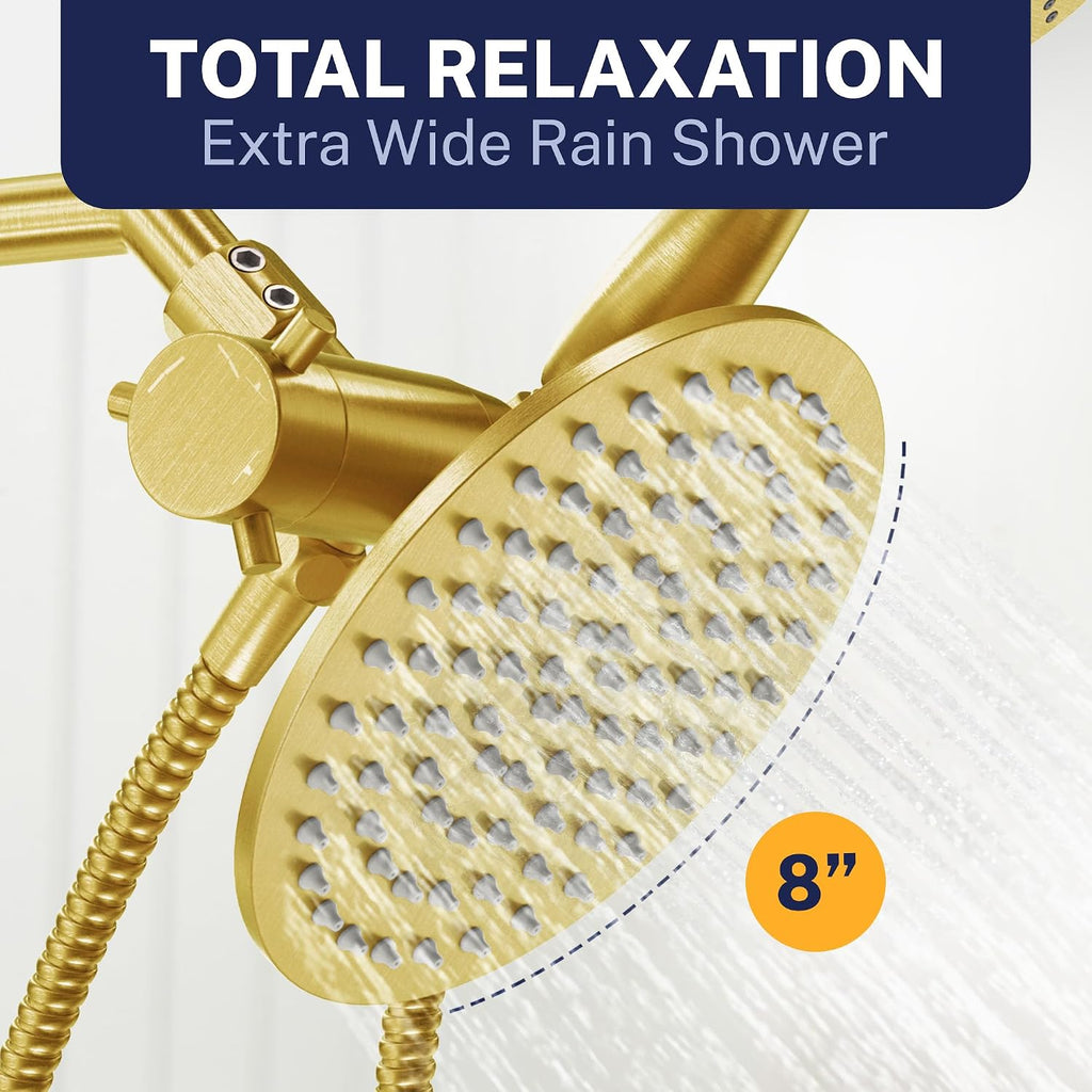 HammerHead Showers® Solid Metal Dual Shower Head Combo – BRUSHED GOLD – 8 Inch Rainfall High Flow Shower Head & 3-Flow Handheld Shower Head High Pressure with Hose 6ft - Luxury Double Shower Heads