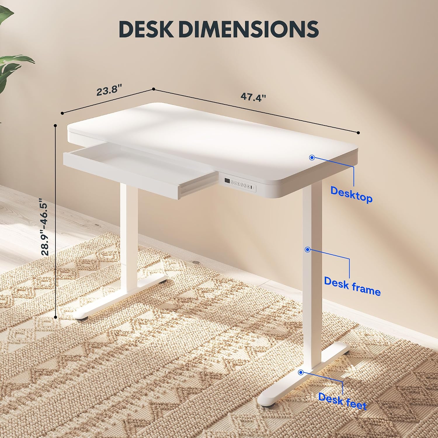 FLEXISPOT Comhar Electric Standing Desk with Drawers Charging USB A to C Port, Height Adjustable 48' Whole-Piece Home Office Computer Laptop Table with Storage (White Top + Frame)