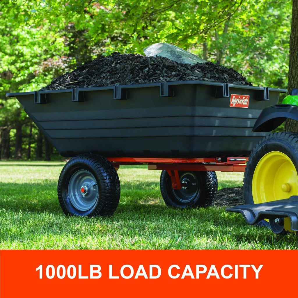 Agri-Fab 45-0553, 1,000-Pound Capacity Poly Swiveling Tow Behind Dump Cart, 18 Cubic Feet Capacity, 80 Degree swiveling, 52 Degree Dumping, 16-Inch x 6.5-Inch Pneumatic Turf Tread Tires