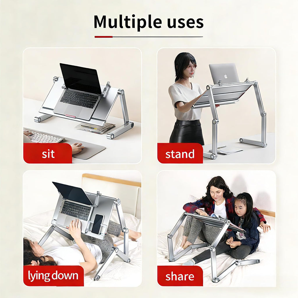 Large Bed Desk for Laptop - Adjustable Height, Foldable Computer Desk | Lying Down Laptop Stand for Bed, Couch,with Adjustable Mouse Pad (Silver)