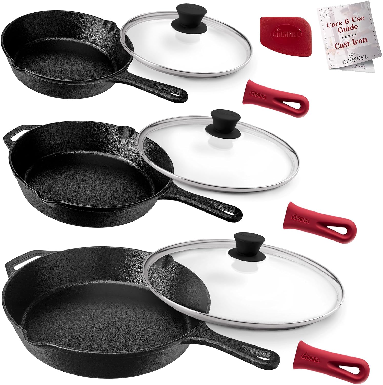 Cuisinel 8'+10'+12'-Inch Cast Iron Skillets Set with Glass Lids + Silicone Handle Holder Covers + Pan Scraper - Pre-Seasoned Oven Cookware - Use Indoor/Outdoor, Grill, Stovetop, Camping Fire, Oven