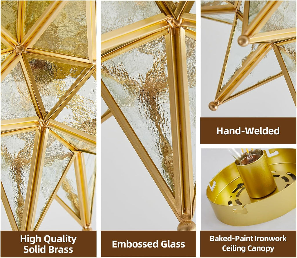 Gold Moravian Star Ceiling Light - 12.7 Inch Brass Vintage Flush Mount Lighting Fixtures with E26 Base - Art Deco Modern Moroccan Glass Fixture Lights for Hallway Kitchen Farmhouse Bedroom Entryway