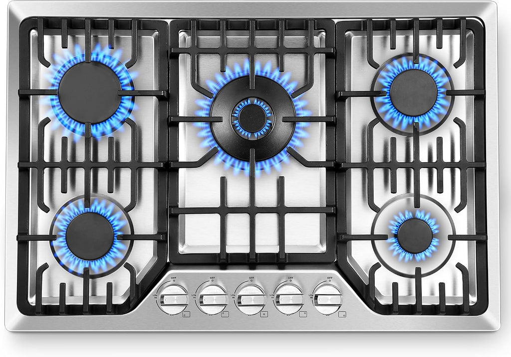 Amzgachfktch Gas Cooktop 30 Inch with 5 Italy SABAF Powerful Burners, Max 48,300 BTU/hr Gas Stove Top, Built-in 304 Stainless Steel Propane Stove, NG/LPG Convertible, CSA Certified