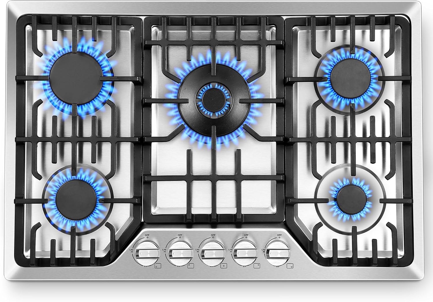 Amzgachfktch Gas Cooktop 30 Inch with 5 Italy SABAF Powerful Burners, Max 48,300 BTU/hr Gas Stove Top, Built-in 304 Stainless Steel Propane Stove, NG/LPG Convertible, CSA Certified
