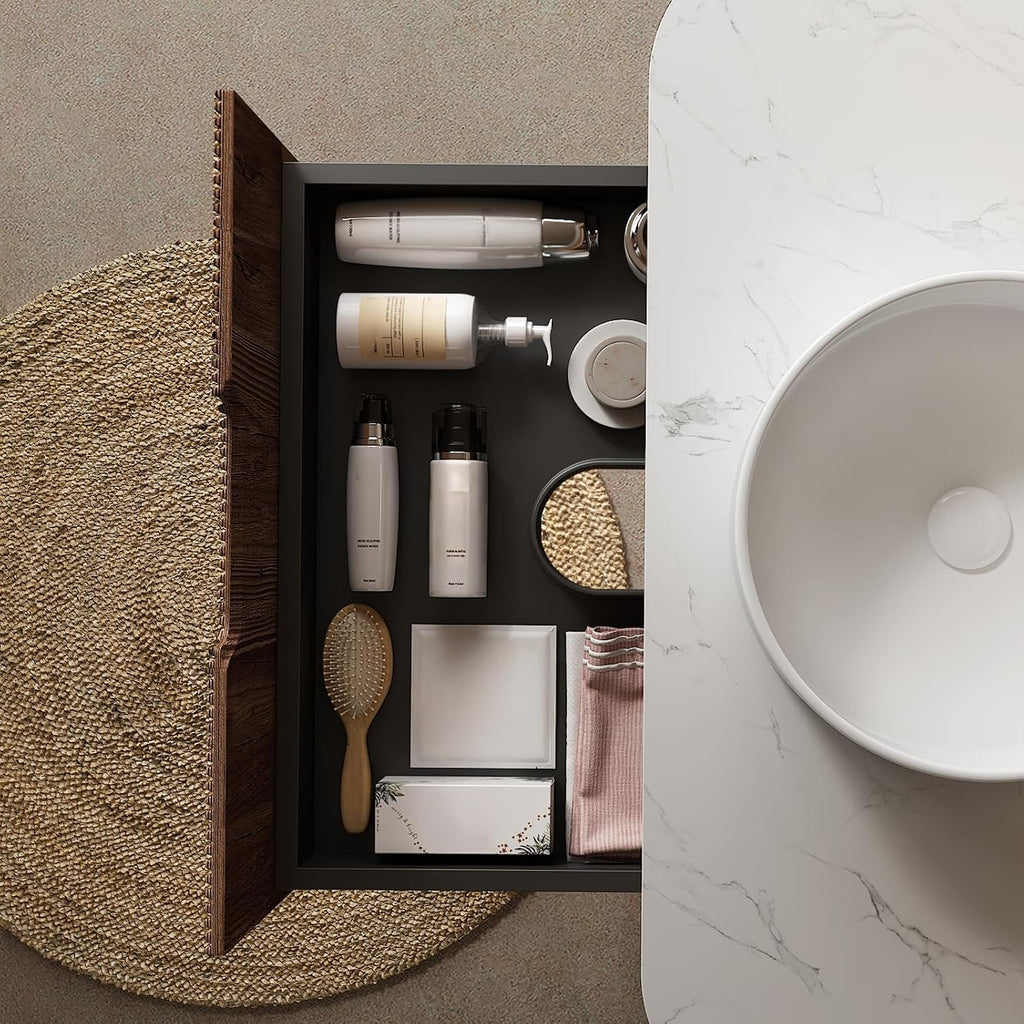 24' Floating Bathroom Vanity with Sink, Modern Bathroom Storage Cabinet with Ceramic Bowl Shape Basin and Marble Top, Large Storage Drawer, Soft-Close Design, Pre-Assembled, Dark Walnut