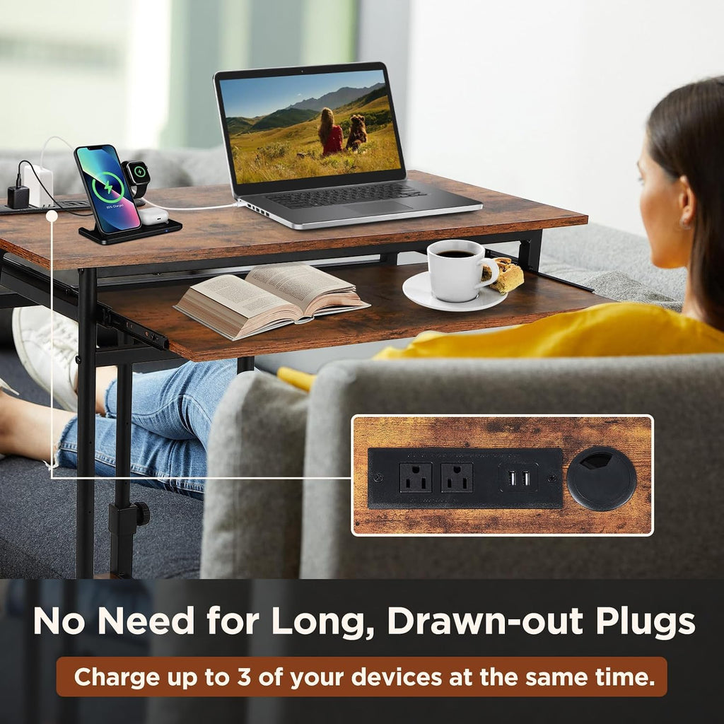 FAHKNS Adjustable C Table with Charging Station, Tiltable Desk C Shaped End Table for Couch, Over Bed Table with Wheels Adjustable Height, Hospital Laptop Stand Drawing Desk