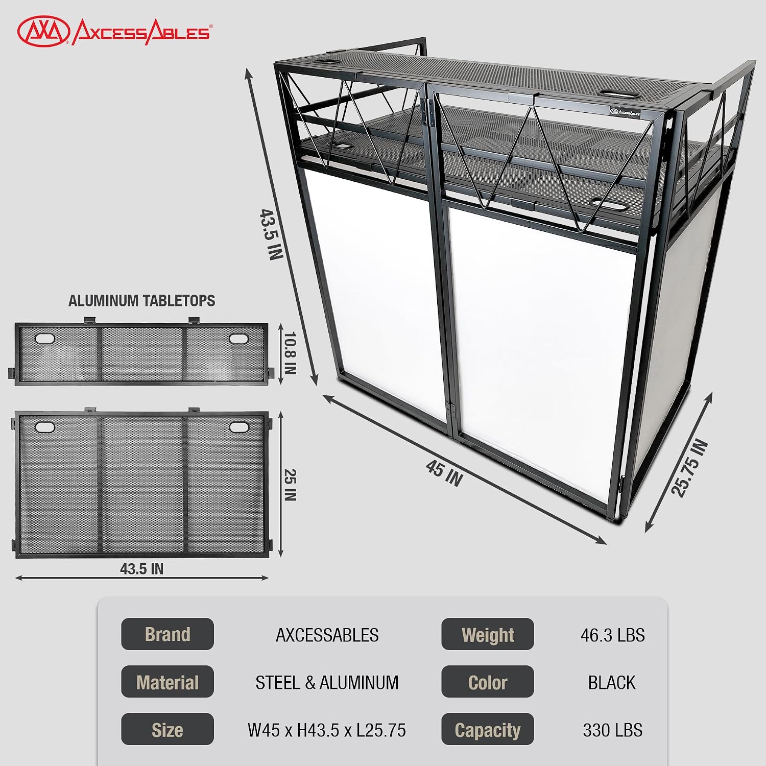 AxcessAbles Two-Tier Portable DJ Booth | Large DJ Table Stand w/ 43'x25' Desk Surface | 2 Ergonomic Table Heights | Black & White Facades, Carry Cases | DJ Laptop Controller Stand