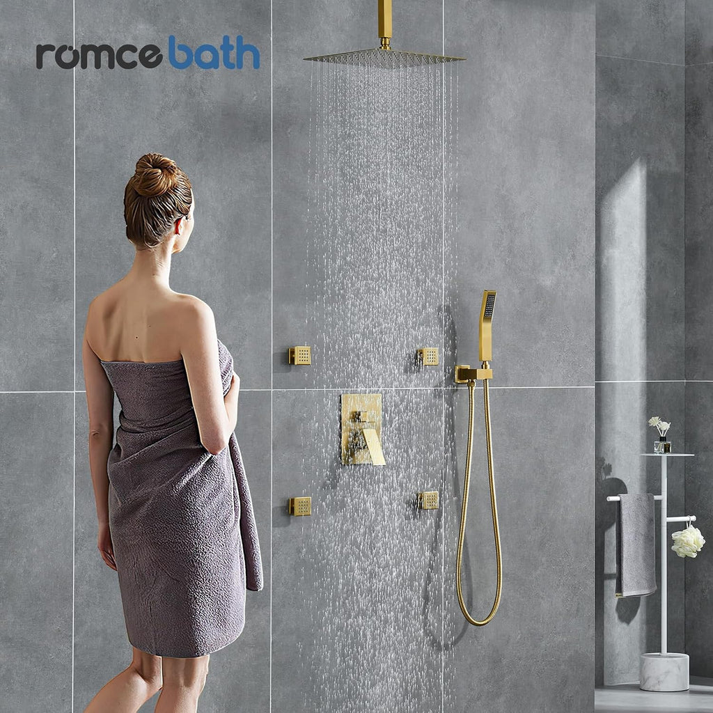 Rain Shower System With Complete 4 Pcs Body Sprays Jets And Pressured Balance Rough-in Valve,12Inch Rainfall Shower Head And Handheld, Modern Brushed Gold Ceiling Mount Shower Faucet Sets