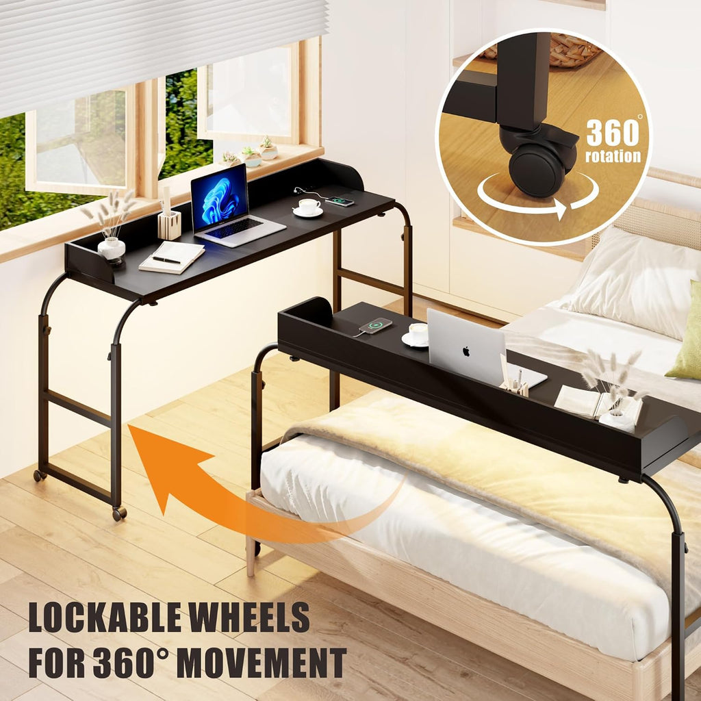 HWB Over Bed Desk with Auto-Sensor LED Lights,Over Bed Table with Wheels Adjustable Height with Charging Station,Beside Table,Rolling Tray Table for Laptop and Writing for Living Room,Black