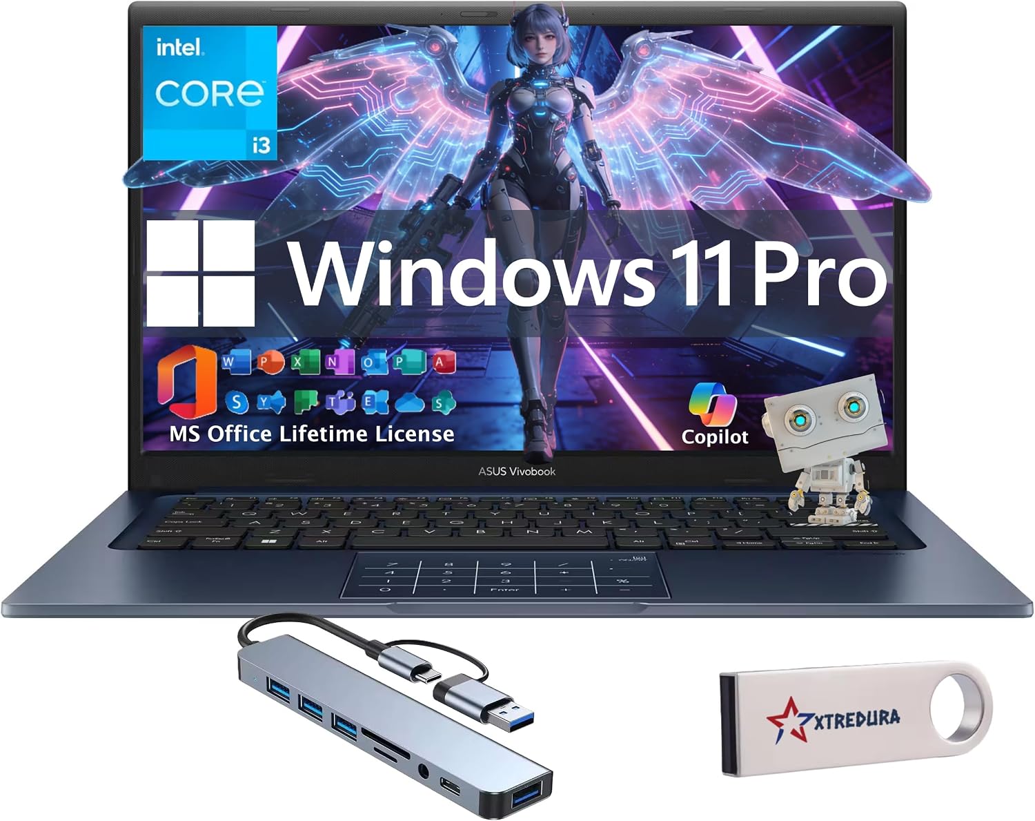 ASUS Vivobook 14' FHD Laptop, Windows 11 Pro, Lifetime MS Office, Intel Core i3-1315U, 16GB RAM+512GB PCIe SSD, Sleek & Lightweight, 8-in-1 HUB & USB Flash Drive, for Student, Home & Work