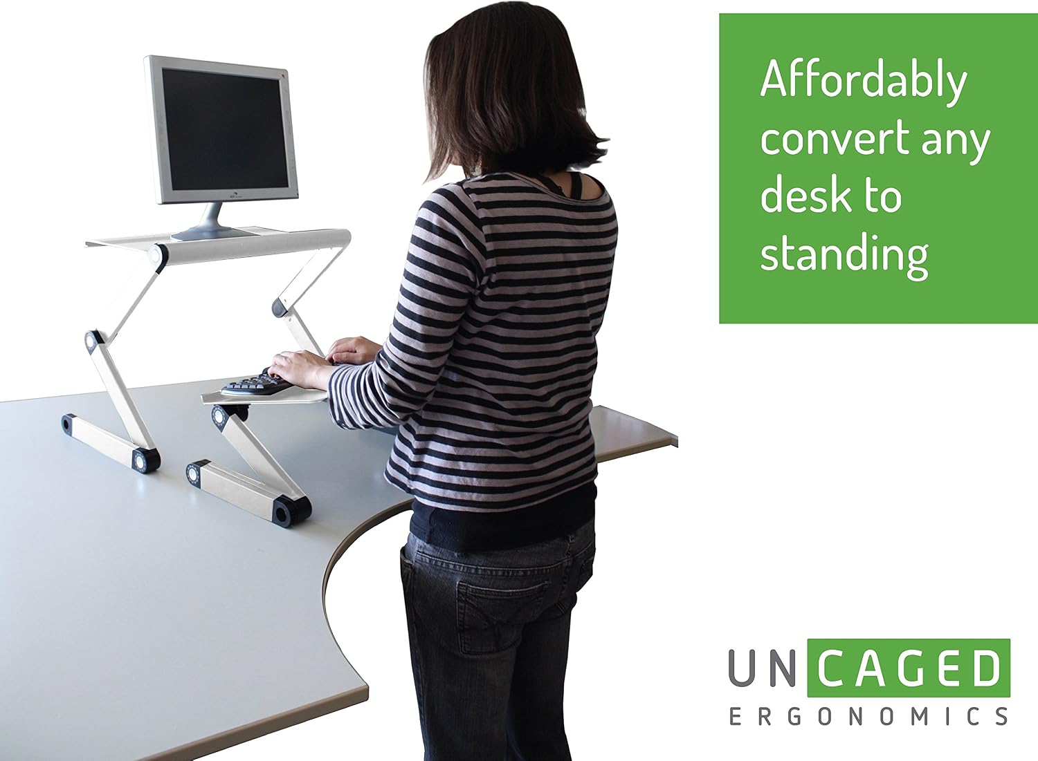 WorkEZ Adjustable Standing Desk Converter, Sit to Stand Desk Riser, Standing Desk for Laptop Monitor, Adjustable Height & Angle Negative Tilt, Silver