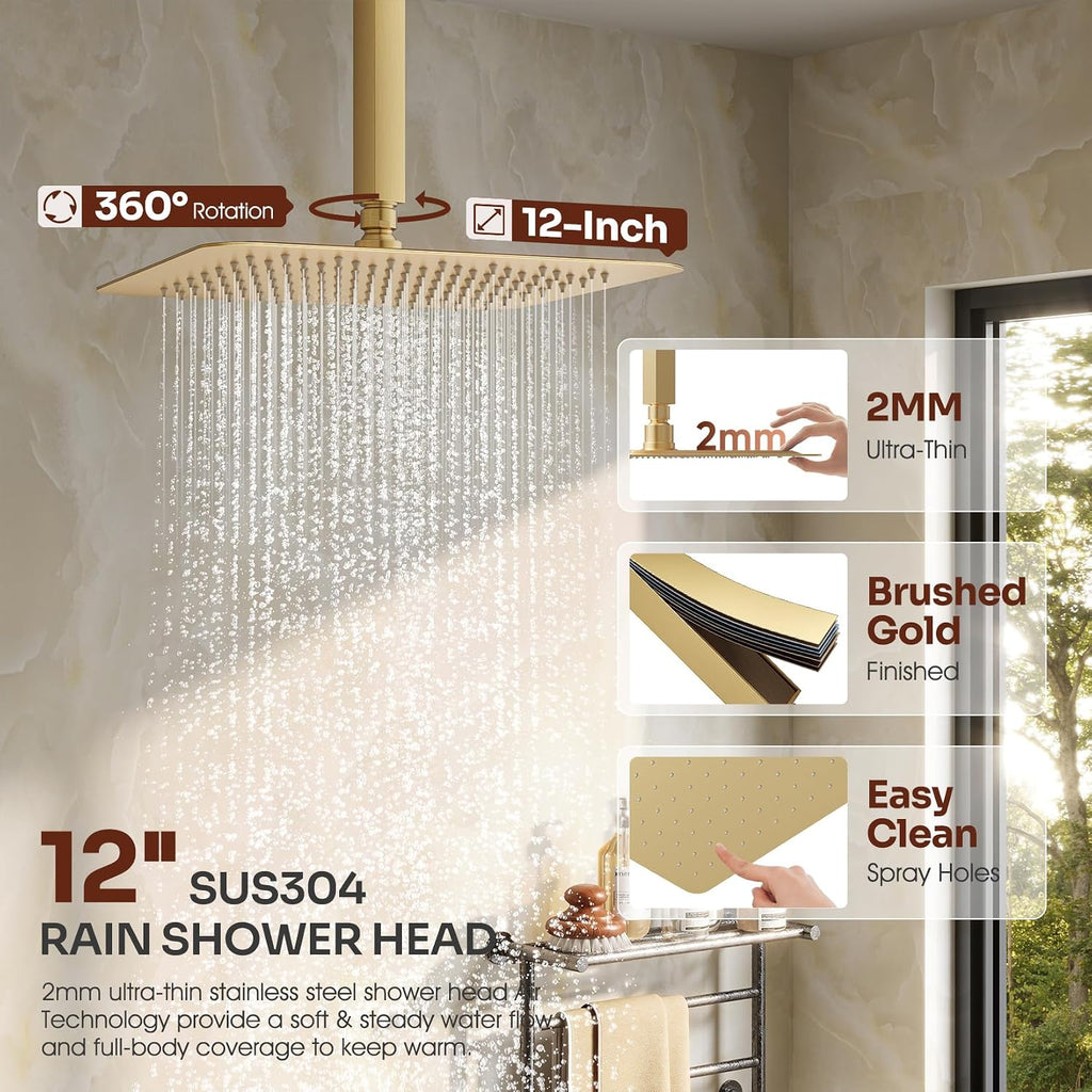 Ceiling Mount Shower System, Gold Shower Faucet Set with 12-Inch Rain Showerhead and Handheld Spray Combo, High-Pressure Showerheads Set with Valve and Trim Kit, Brushed Gold