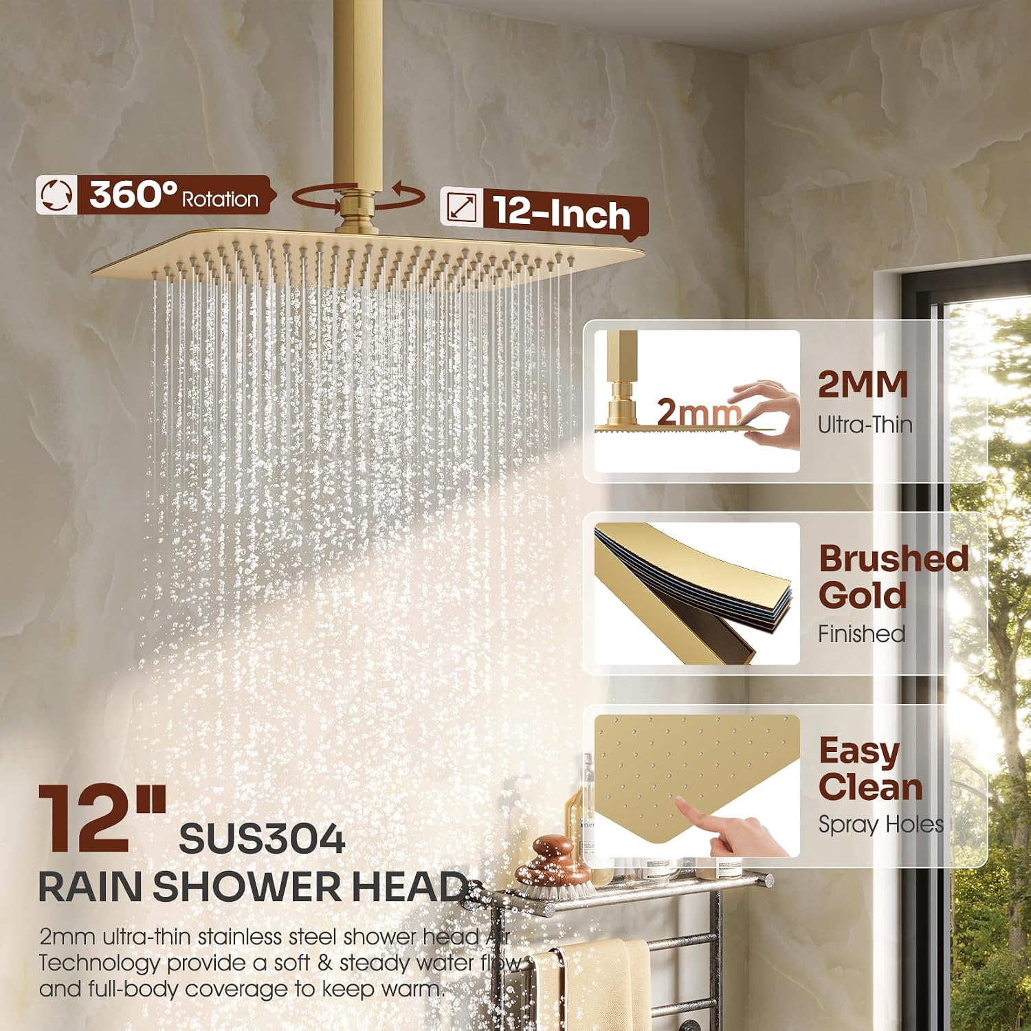 Ceiling Mount Shower System, Gold Shower Faucet Set with 12-Inch Rain Showerhead and Handheld Spray Combo, High-Pressure Showerheads Set with Valve and Trim Kit, Brushed Gold