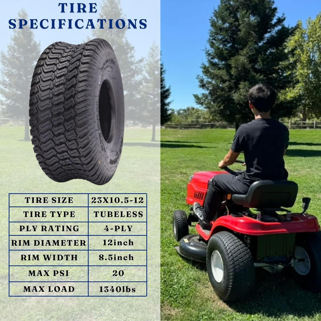 Dayrim 23X10.5-12 Lawn Mower Tires, Set of 2, 4-Ply Tubeless Turf Tread, for Garden Tractor & Riding Mower,Golf Cart Tires