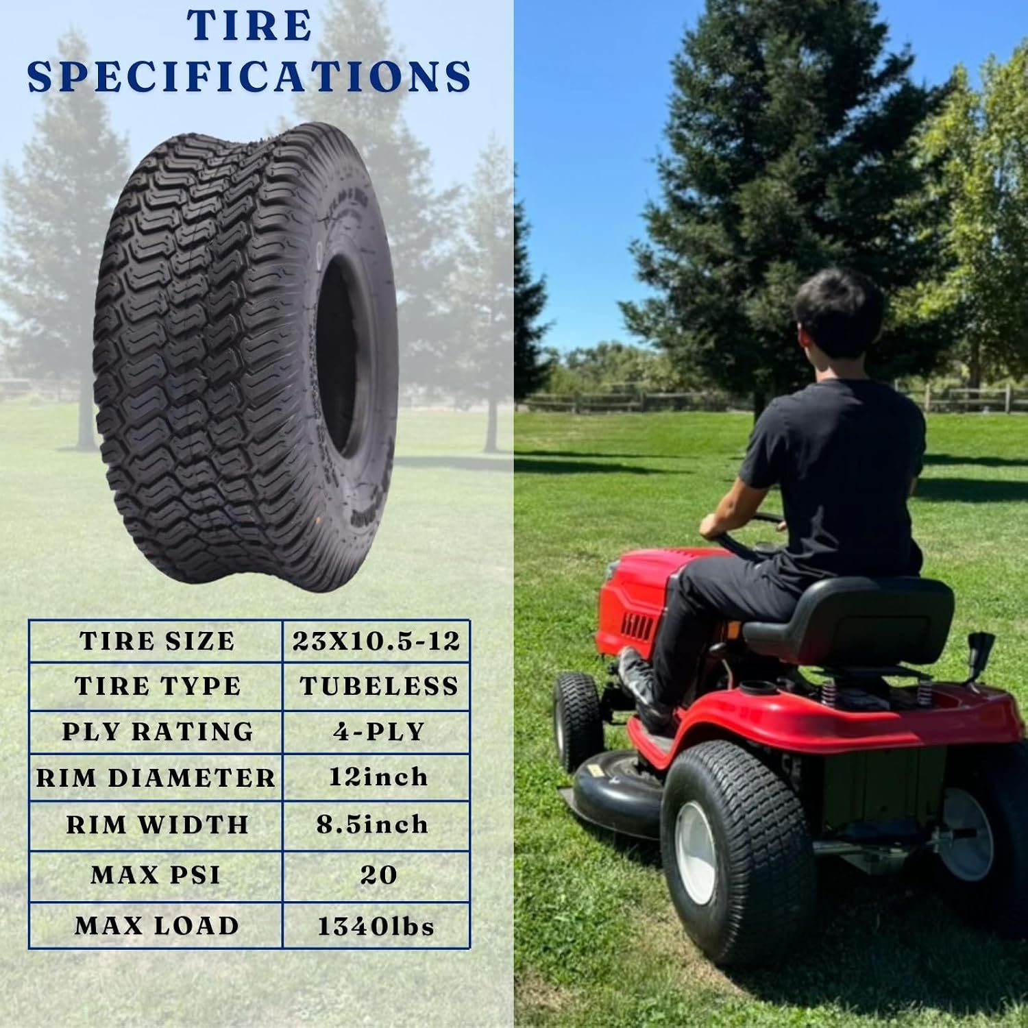 Dayrim 23X10.5-12 Lawn Mower Tires, Set of 2, 4-Ply Tubeless Turf Tread, for Garden Tractor & Riding Mower,Golf Cart Tires