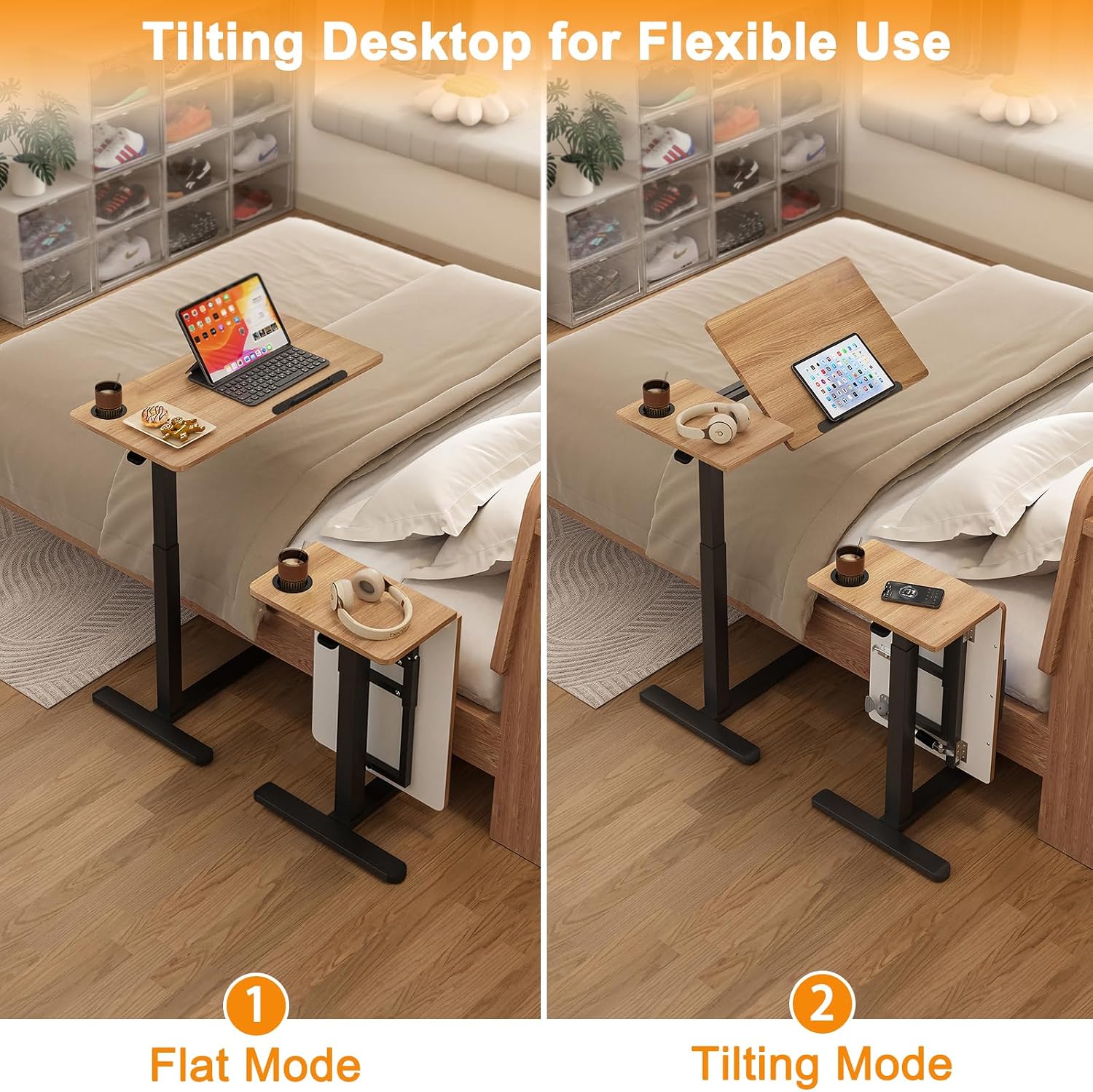 Ytaoka Height Adjustable Standing Desk with Wheels Foldable Standing Desk Mobile Tilting Laptop Desk Rolling Overbed Table for Home Office Bedroom Living Room
