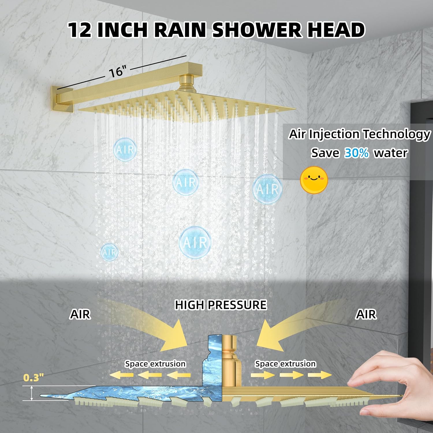 12 Inch Shower Faucet Set, Shower System with Rain Shower Head and Handheld Shower Head, Spray Wall Mounted Rainfall Shower Fixtures, Brushed Gold