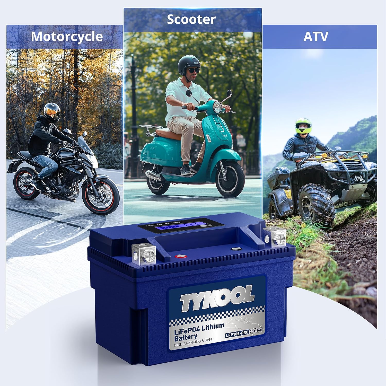 TYKOOL LFP10S-PRO Lithium Battery, Replaces YTZ10S, 360CCA 6Ah Fits for Motorcycle Scooter ATV PWC, Compatible with Honda CBR1000RR CBR600RR Yamaha R6 MT07 MT09 BMW S1000RR KTM Duke, LCD SOC Display