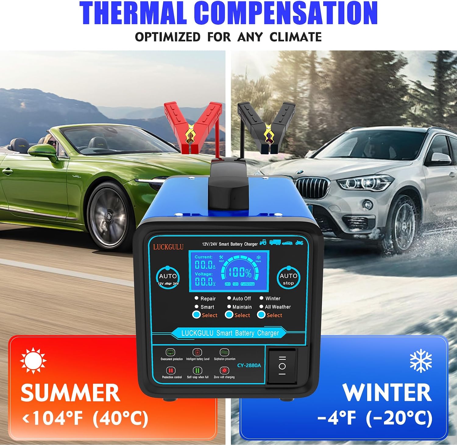 12V/24V Car Battery Chargers Heavy Duty, 15A Automatic Battery Maintainer with Auto Shutoffs, Repair, Winter Mode, High/Low Power Smart Trickle Charger and Desulfator,for Boat,Motorcycle
