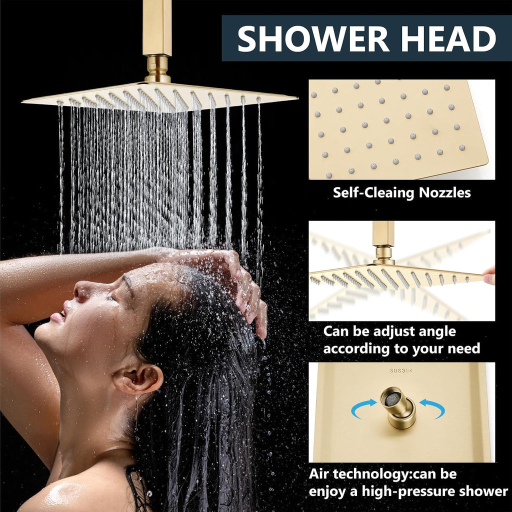Aolemi Ceiling Mount Shower System Rain Shower Head with Handheld Spray High Pressure Shower Faucet Set Rough-in Valve Shower Trim Kit Included Bathroom Brused Gold 12 Inch Ceiling Shower Head