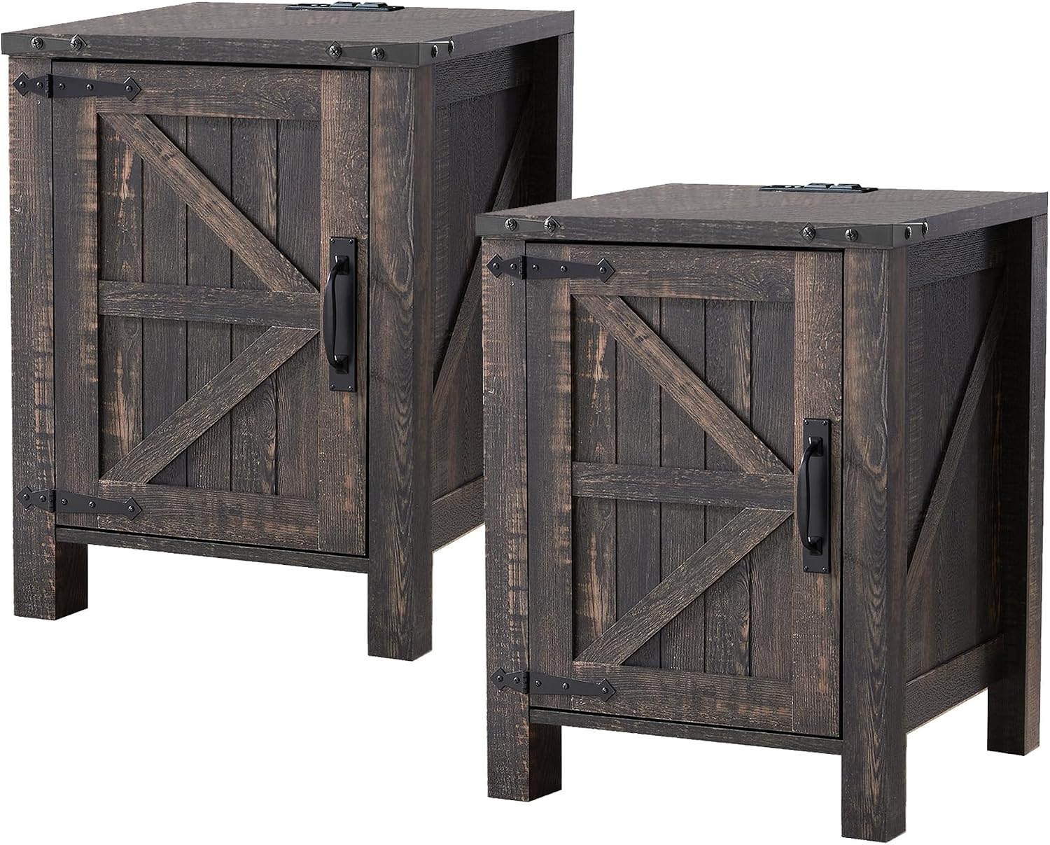 OKD Farmhouse Nightstand Set of 2, 18 Inch Rustic End Table with Charging Station, Barn Door, Adjustable Storage Shelf, Wood Sofa Side Table for Living Room, Bedroom, Dark Rustic Oak