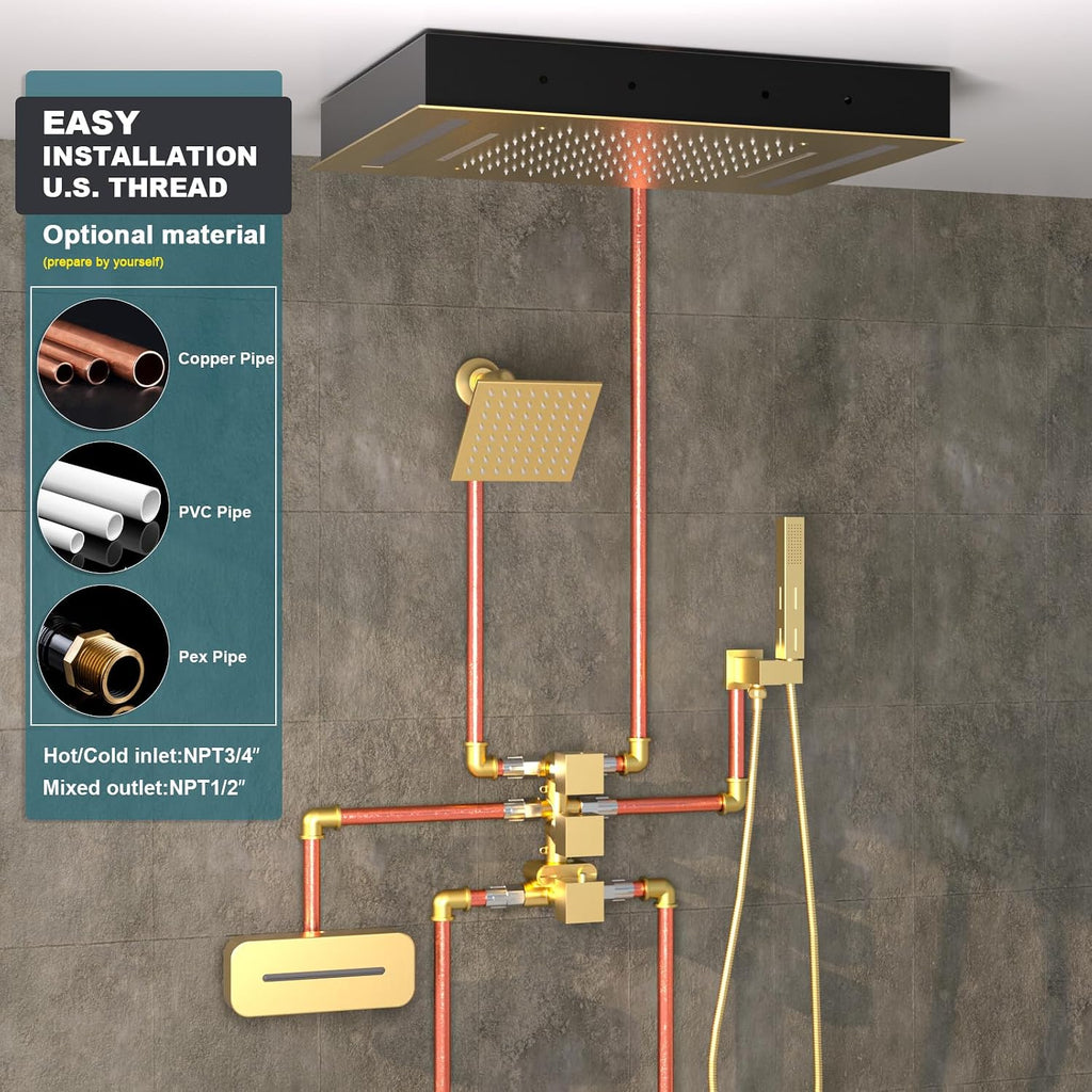 Brushed Gold Dual Heads Shower Faucets Set Thermostatic Shower System, 4-Way Luxury Shower Fixture 14X20' LED Rainfall Shower Head with 6inch Wall Showerhead, Waterfall Tub Spout, Dual-mode Handheld
