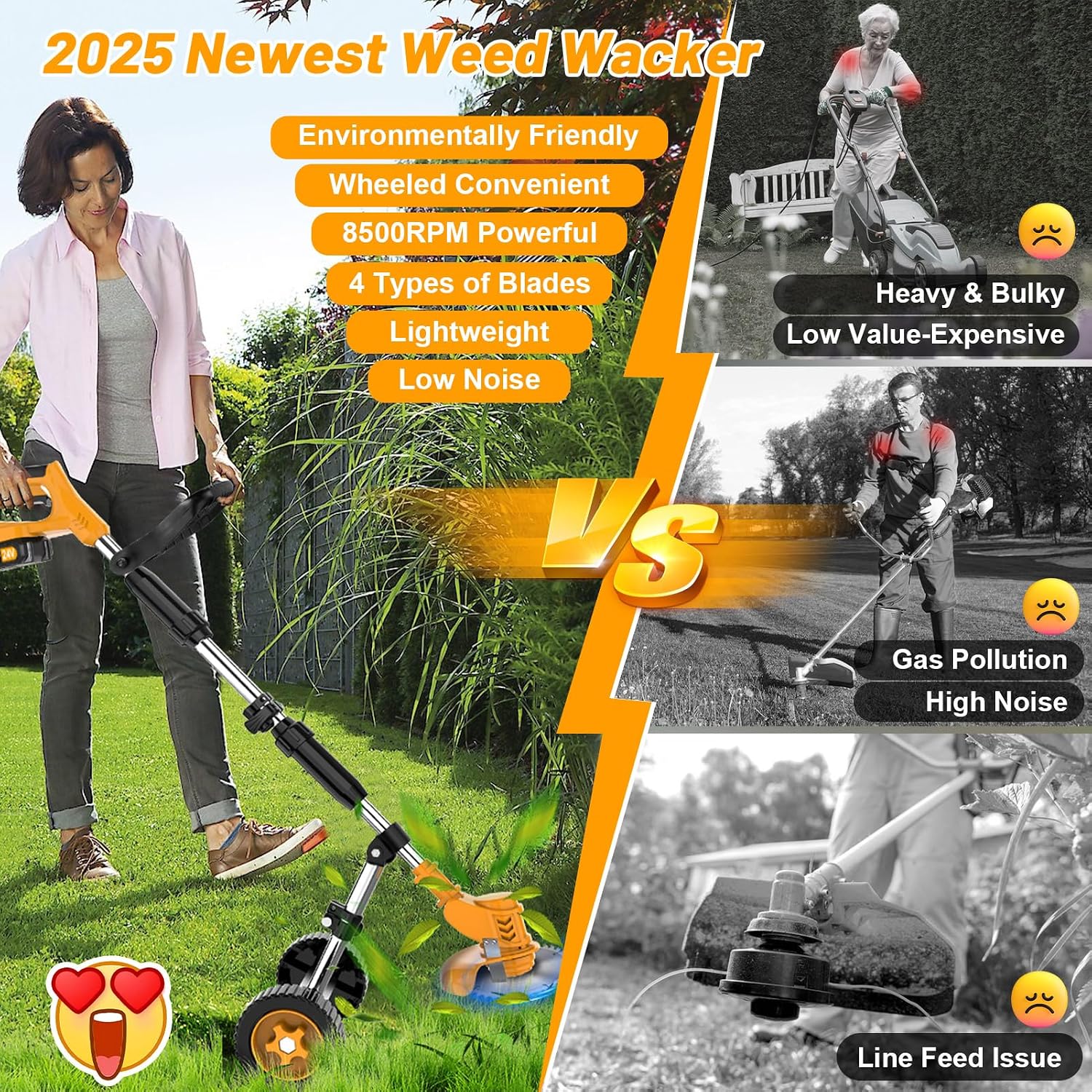 20000 RPM Electric Weed Wacker Cordless Weed Eater Battery Powered 21V, 4-in-1 Brush Cutter/String Trimmer/Grass Trimmer/Lawn Mower, 6″ Edger Stringless Weed Trimmer with Wheel & Blade,2 Battery