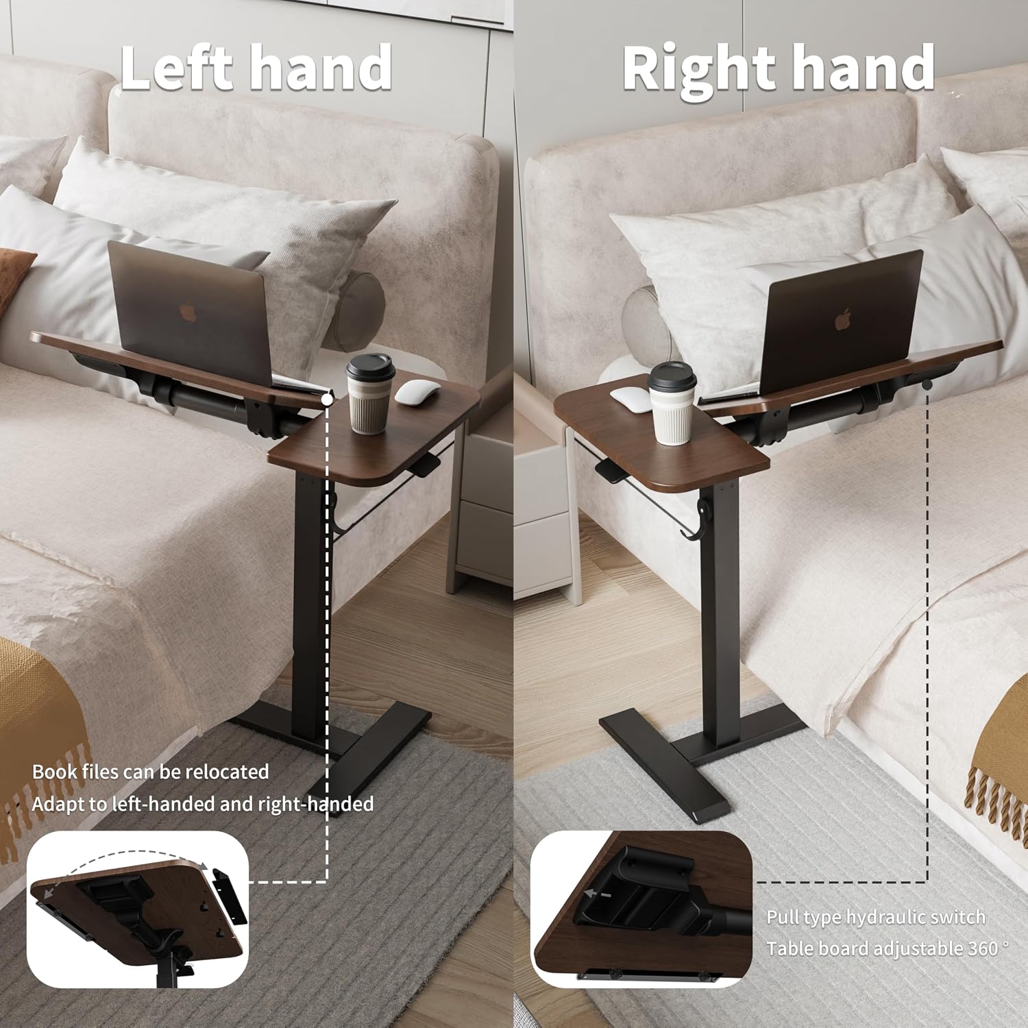 ETHU Overbed Table with Tilting Top, Medical Table with Wheel Height Adjustable - Laptop Bedside Table with Locking Wheels for Hospital, Home, and Office (Walnut)