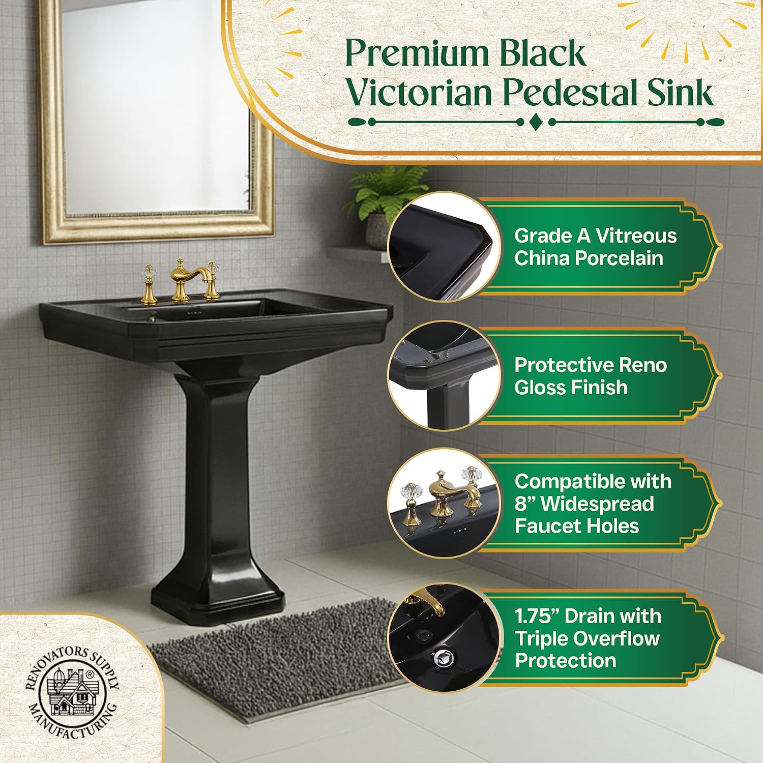 Renovators Supply Manufacturing Victorian 32' W x 34.5' H x 22' Proj. Large Bathroom Black Pedestal Sink, Vitreous China, with Overflow, Compatible with 8 in. Widespread Faucets