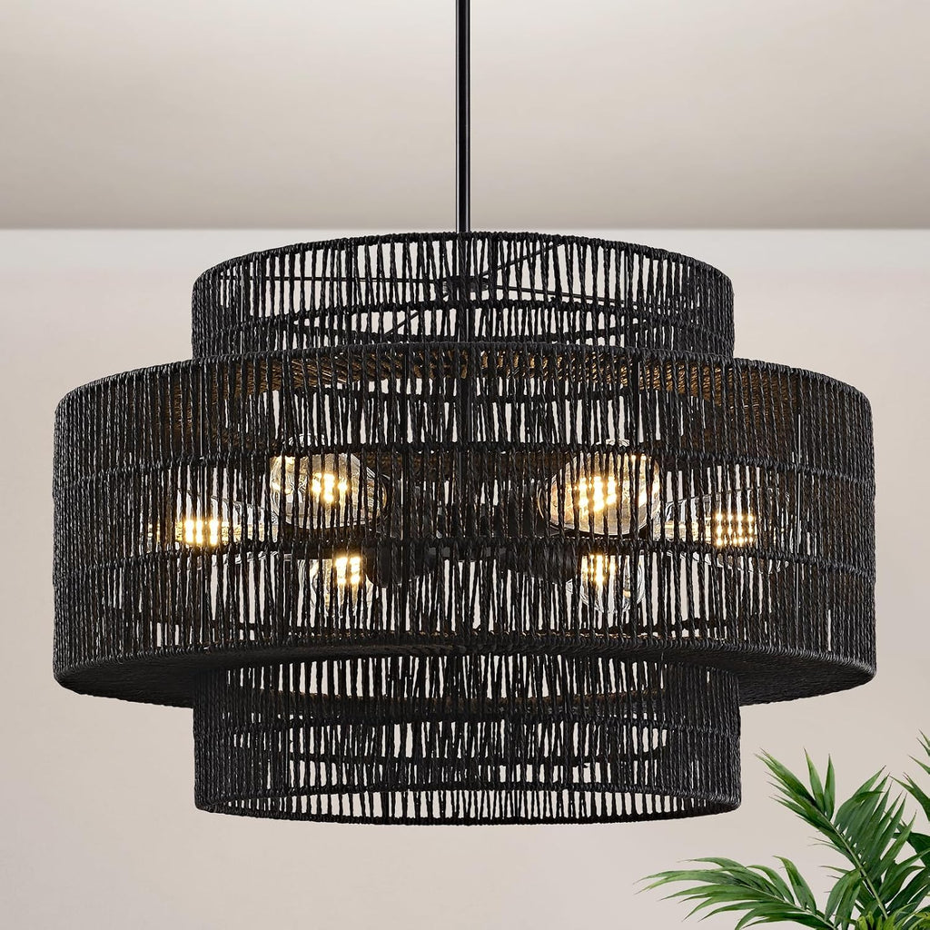 24' Black Boho Large Rattan Chandelier Light Fixture,6-Light Large Hand Woven Pendant Light Fixture Farmhouse Rustic Chandeliers for Kitchen Bedroom, Dining Room, Living Room, Hallway, Foyer