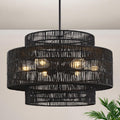 24' Black Boho Large Rattan Chandelier Light Fixture,6-Light Large Hand Woven Pendant Light Fixture Farmhouse Rustic Chandeliers for Kitchen Bedroom, Dining Room, Living Room, Hallway, Foyer