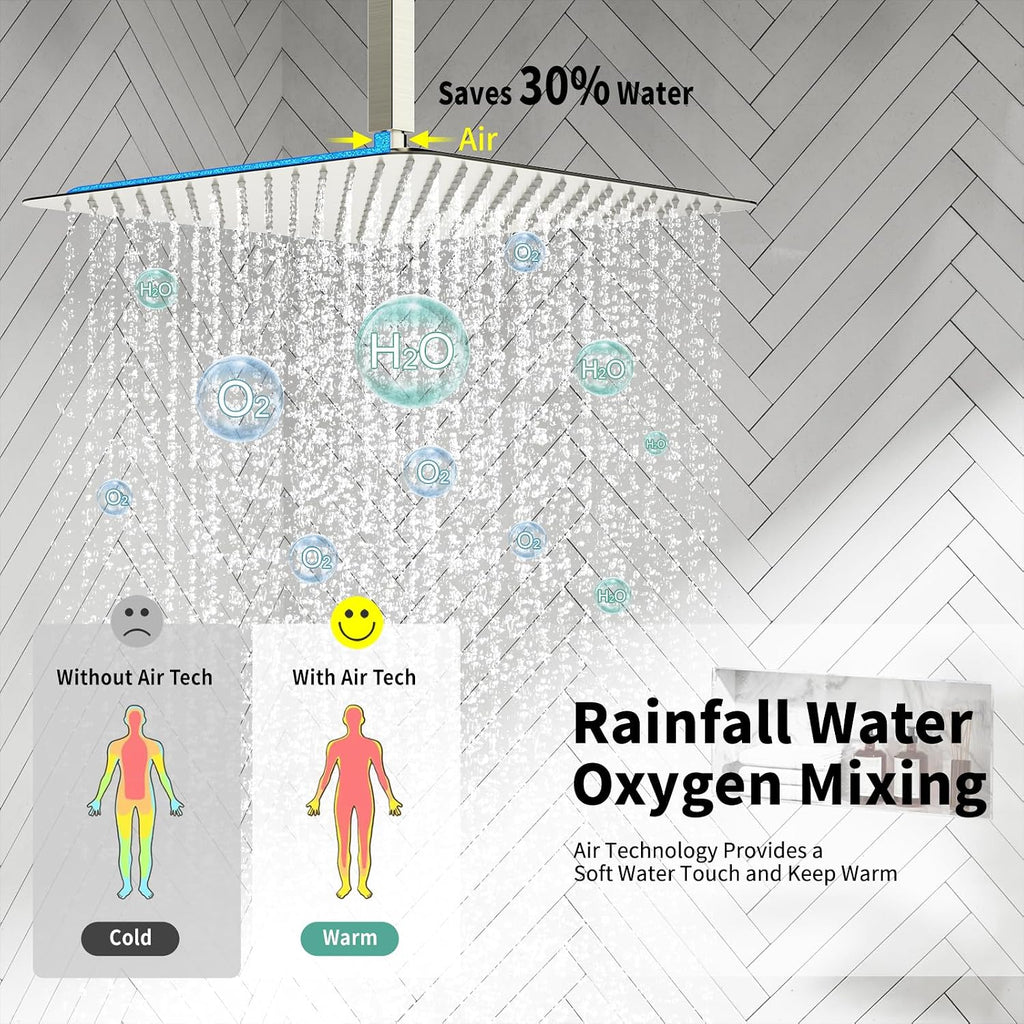 SR SUN RISE 16 Inches Brushed Nickel Shower System Bathroom Luxury Rain Mixer Shower Combo Set Ceiling Mounted Rainfall Shower Head Faucet (Contain Shower Faucet Rough-In Valve Body and Trim)
