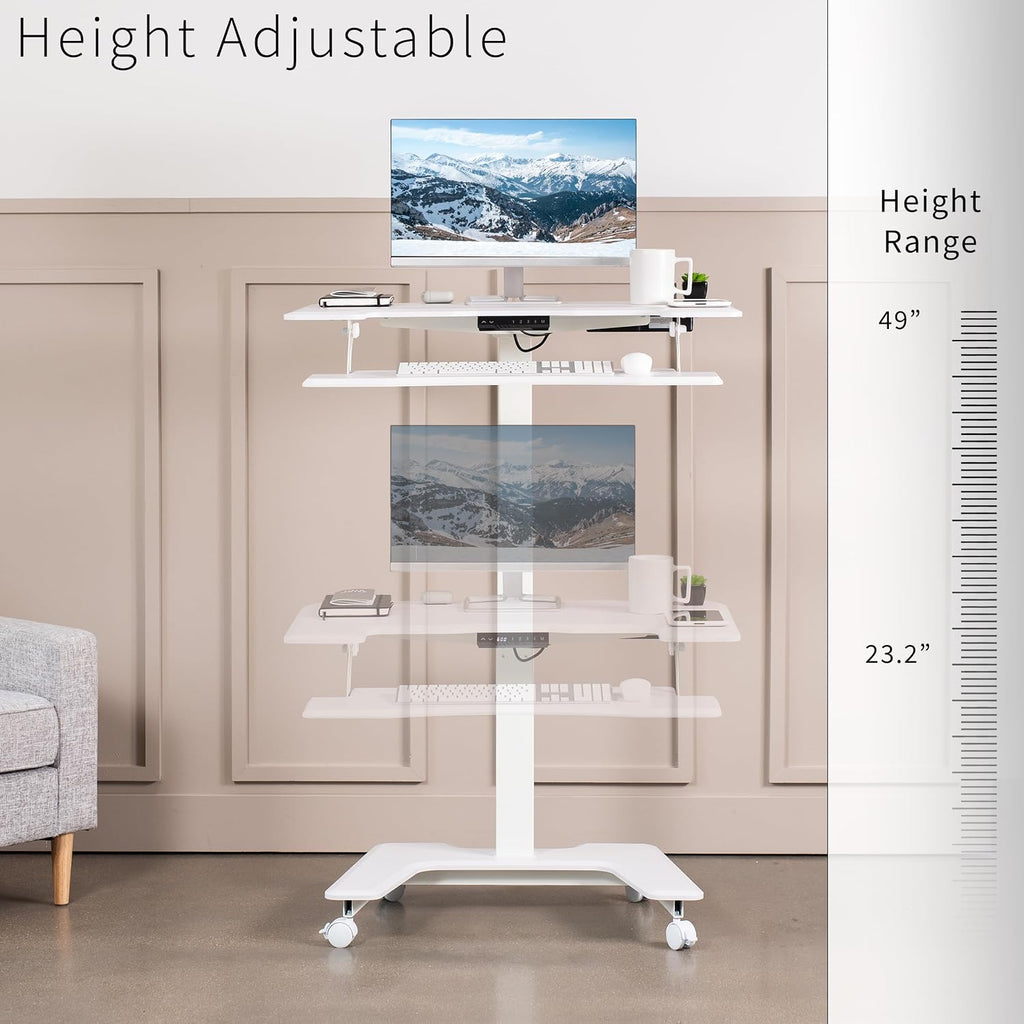 VIVO White Electric Mobile Height Adjustable 36 inch Dual Platform Standing Desk with Wheels, Rolling Small Space Table, Sit Stand Workstation, DESK-V111VTW