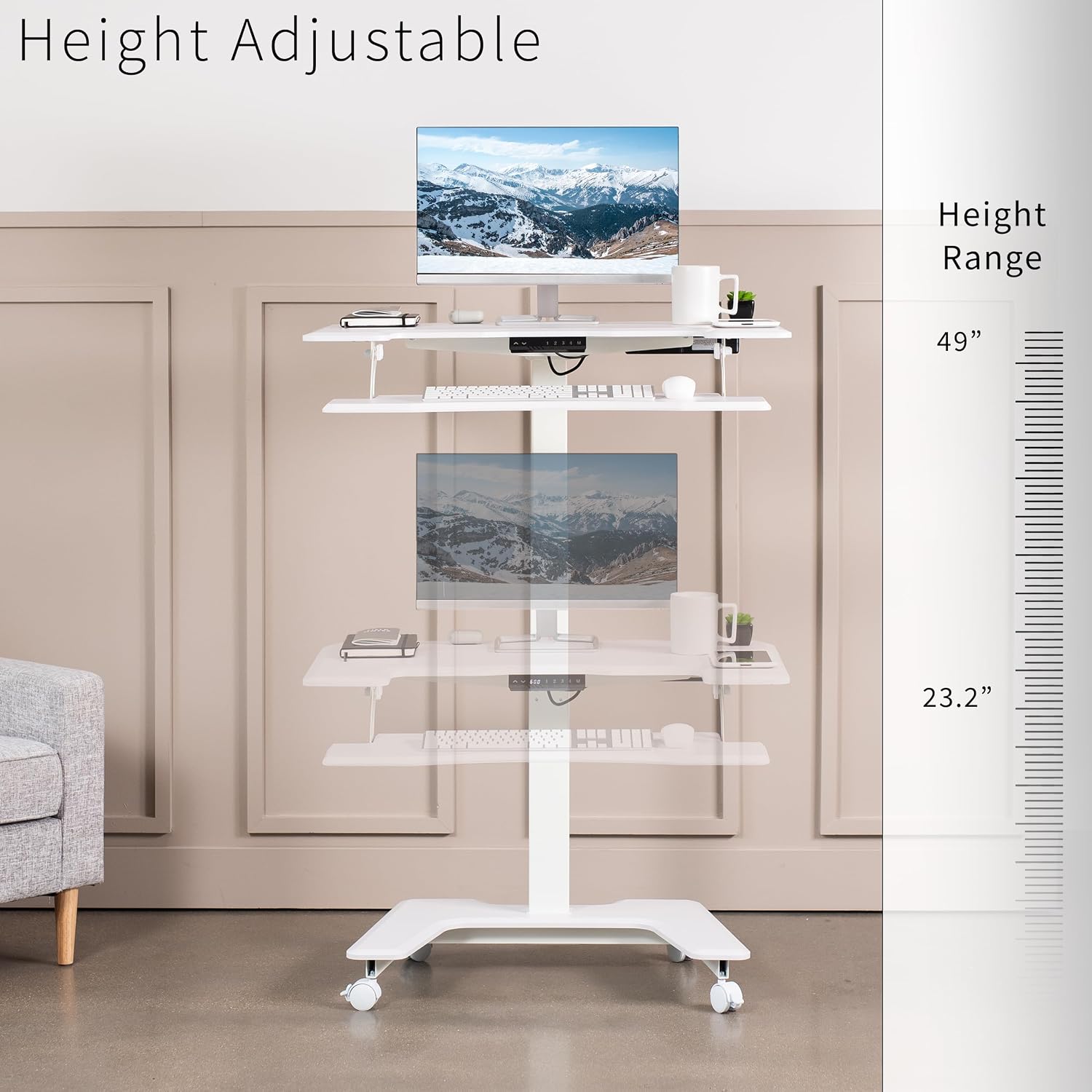 VIVO White Electric Mobile Height Adjustable 36 inch Dual Platform Standing Desk with Wheels, Rolling Small Space Table, Sit Stand Workstation, DESK-V111VTW